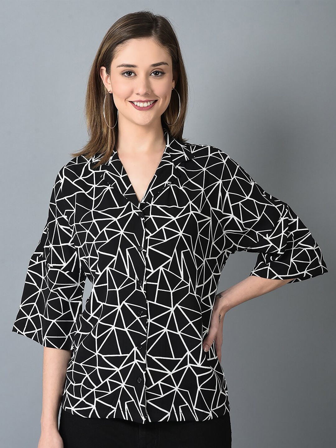 

CANOE Geometric Printed Drop-shoulder Comfort Casual Shirt, Black