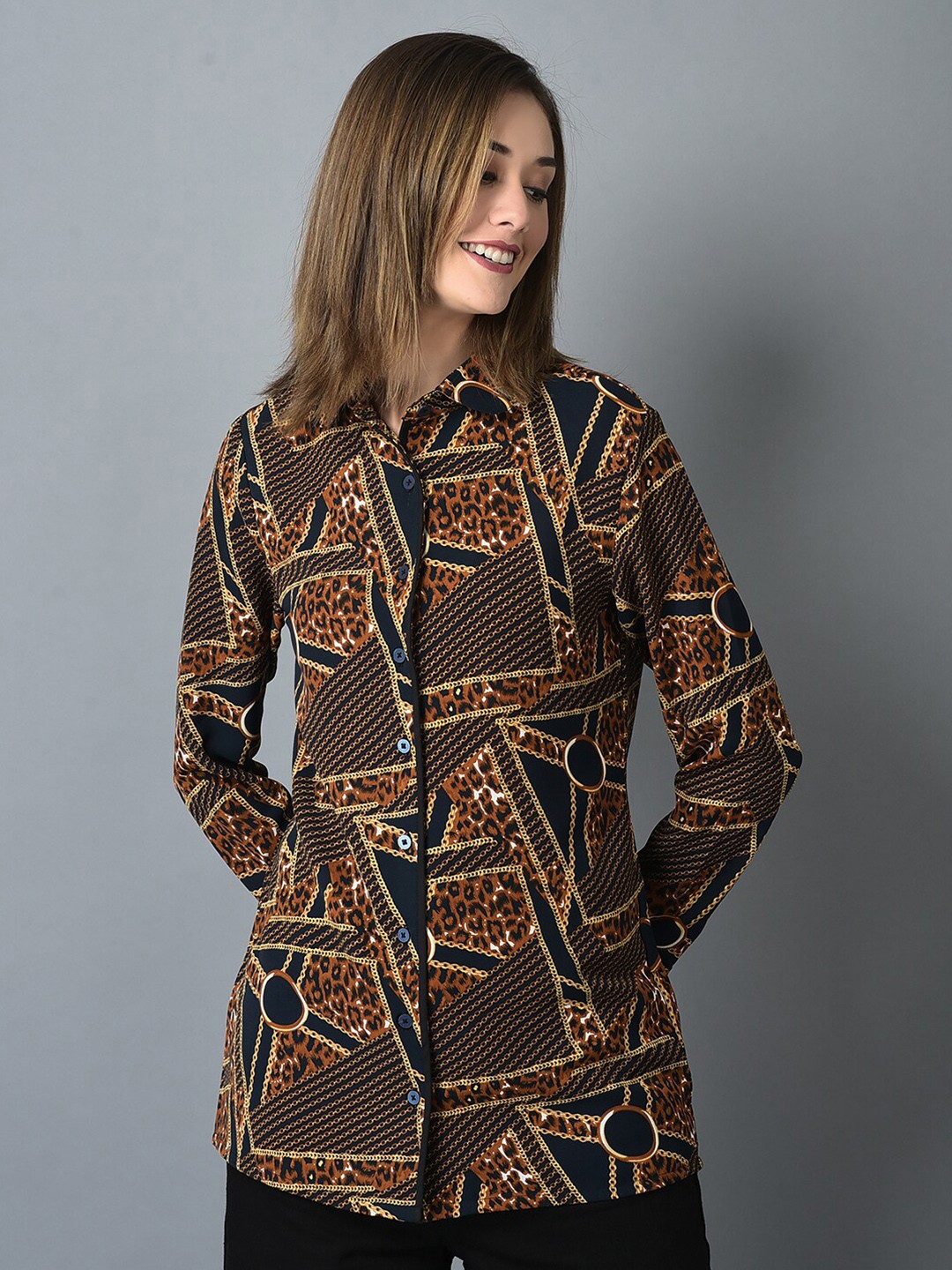

CANOE Classic Printed Casual Longline Shirt, Navy blue