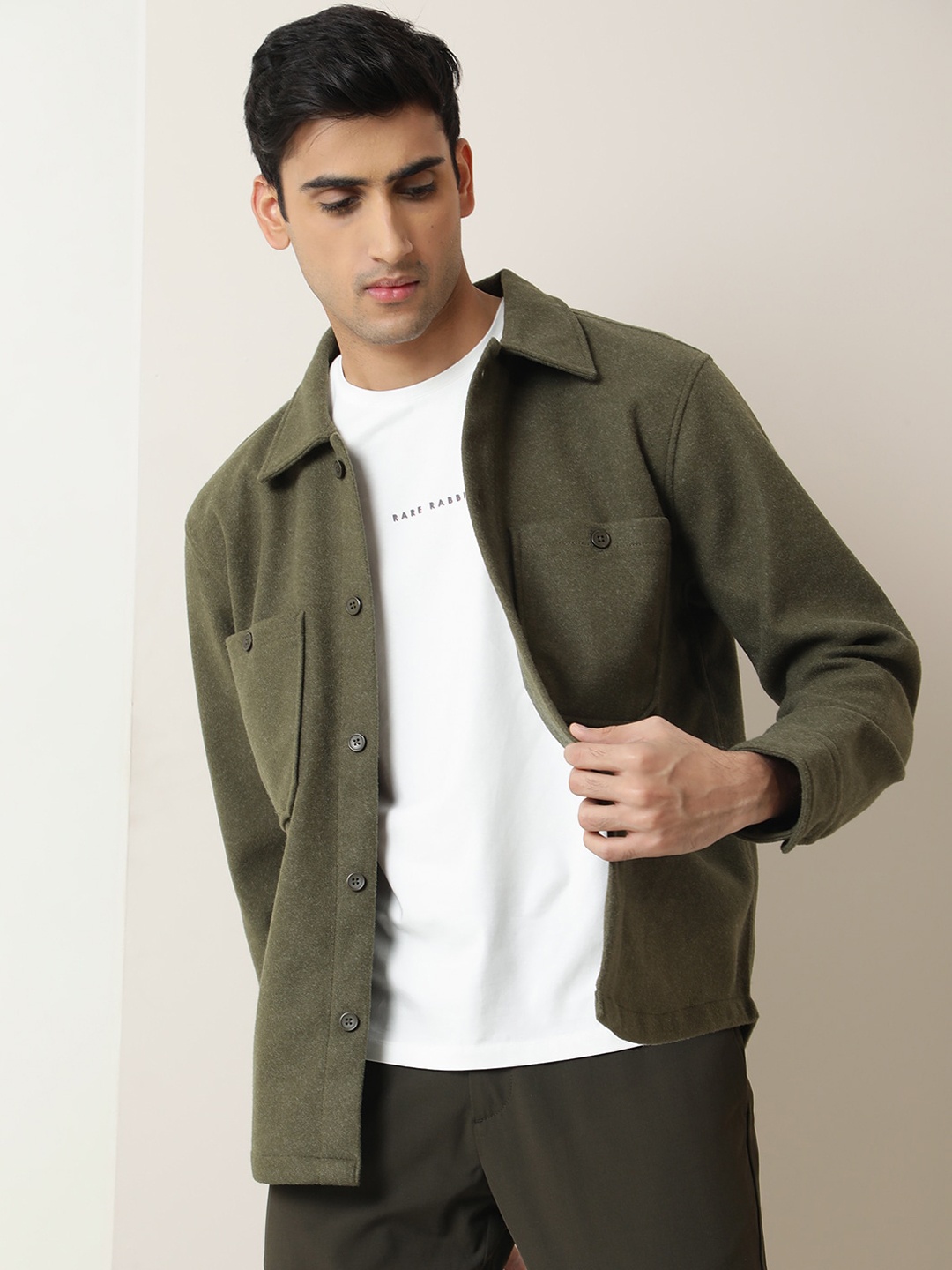 

RARE RABBIT Men Jerome Slim Fit Spread Collar Cotton Jacket, Olive