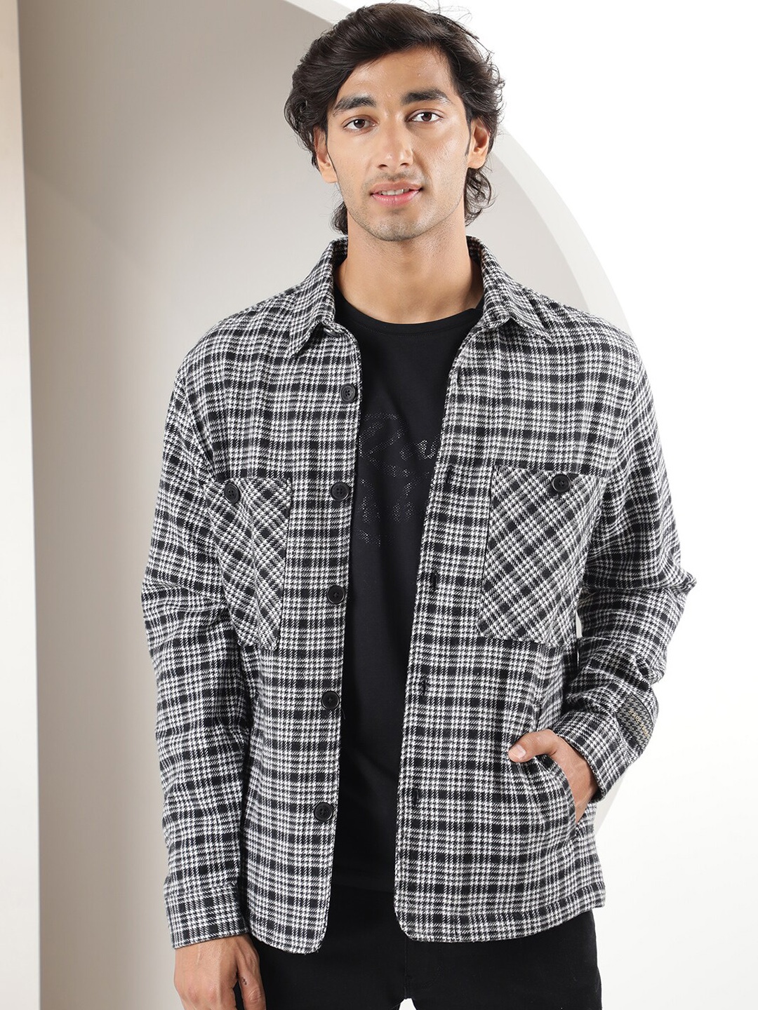 

RARE RABBIT Checked Spread Collar Cotton Shacket, Black