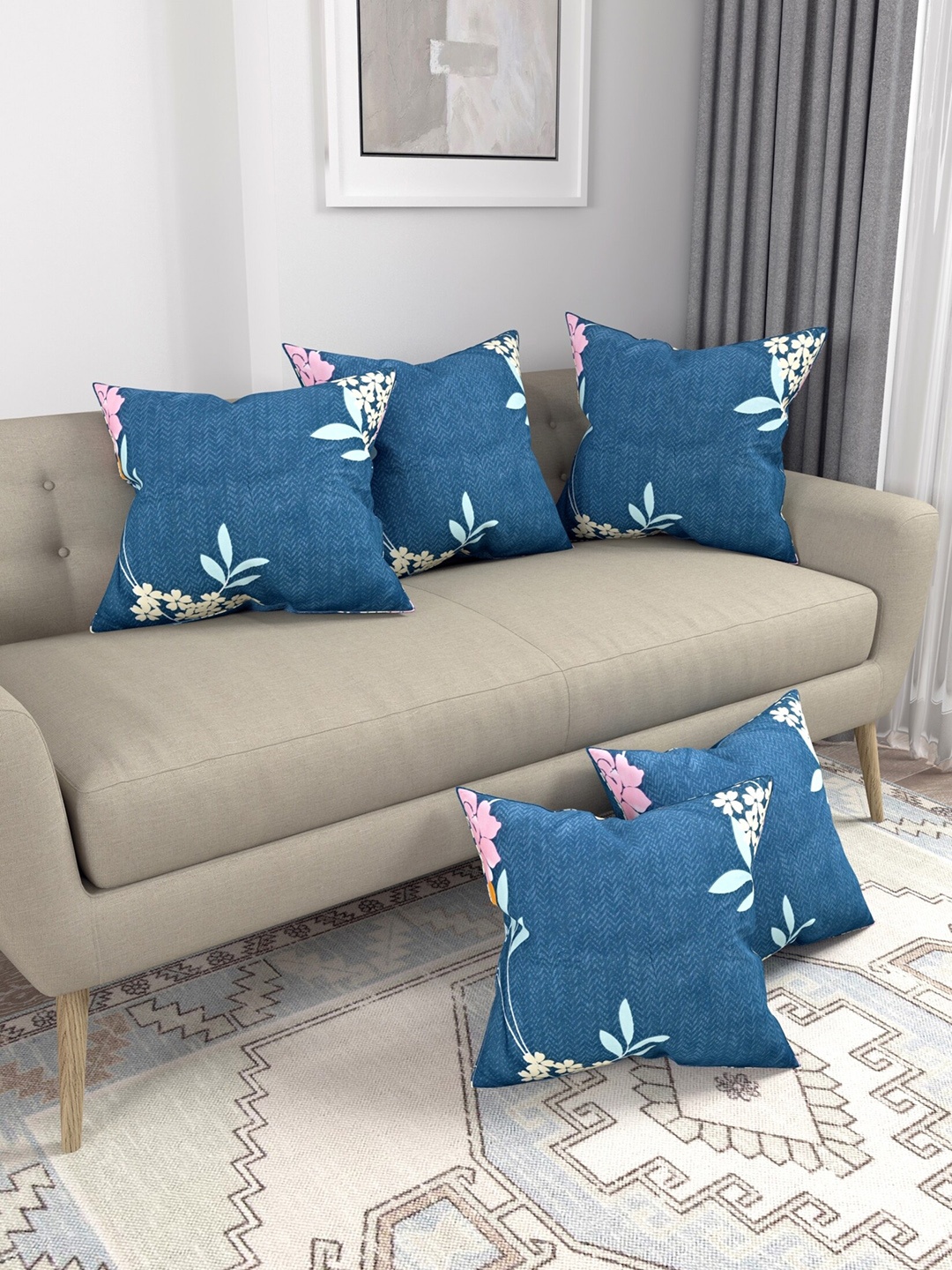 

Salona Bichona Navy Blue & Yellow 5 Pcs Floral Square Cushion Covers