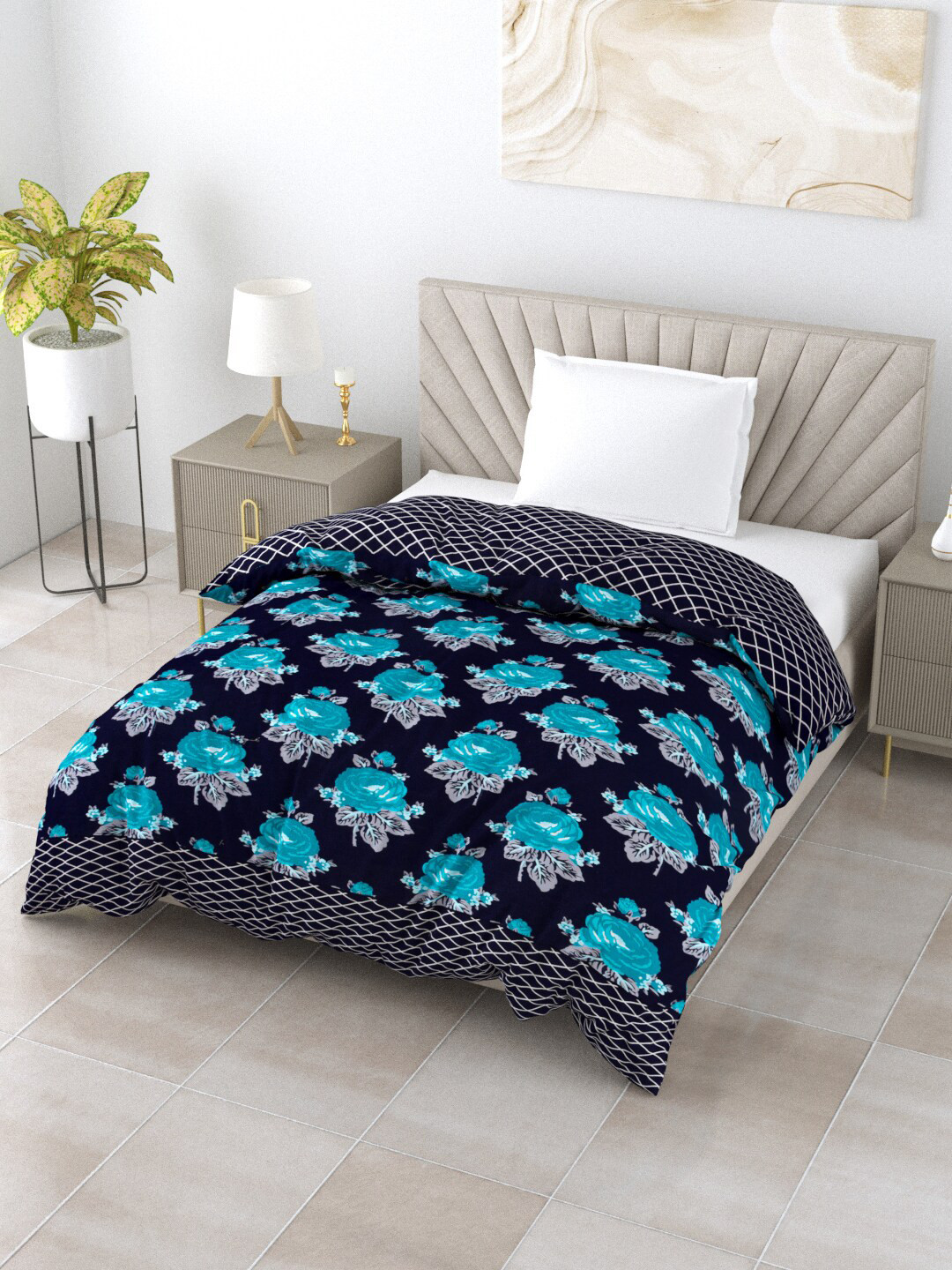

Salona Bichona Turquoise Blue & Grey Floral Mild Winter 120 GSM Single Bed Comforter