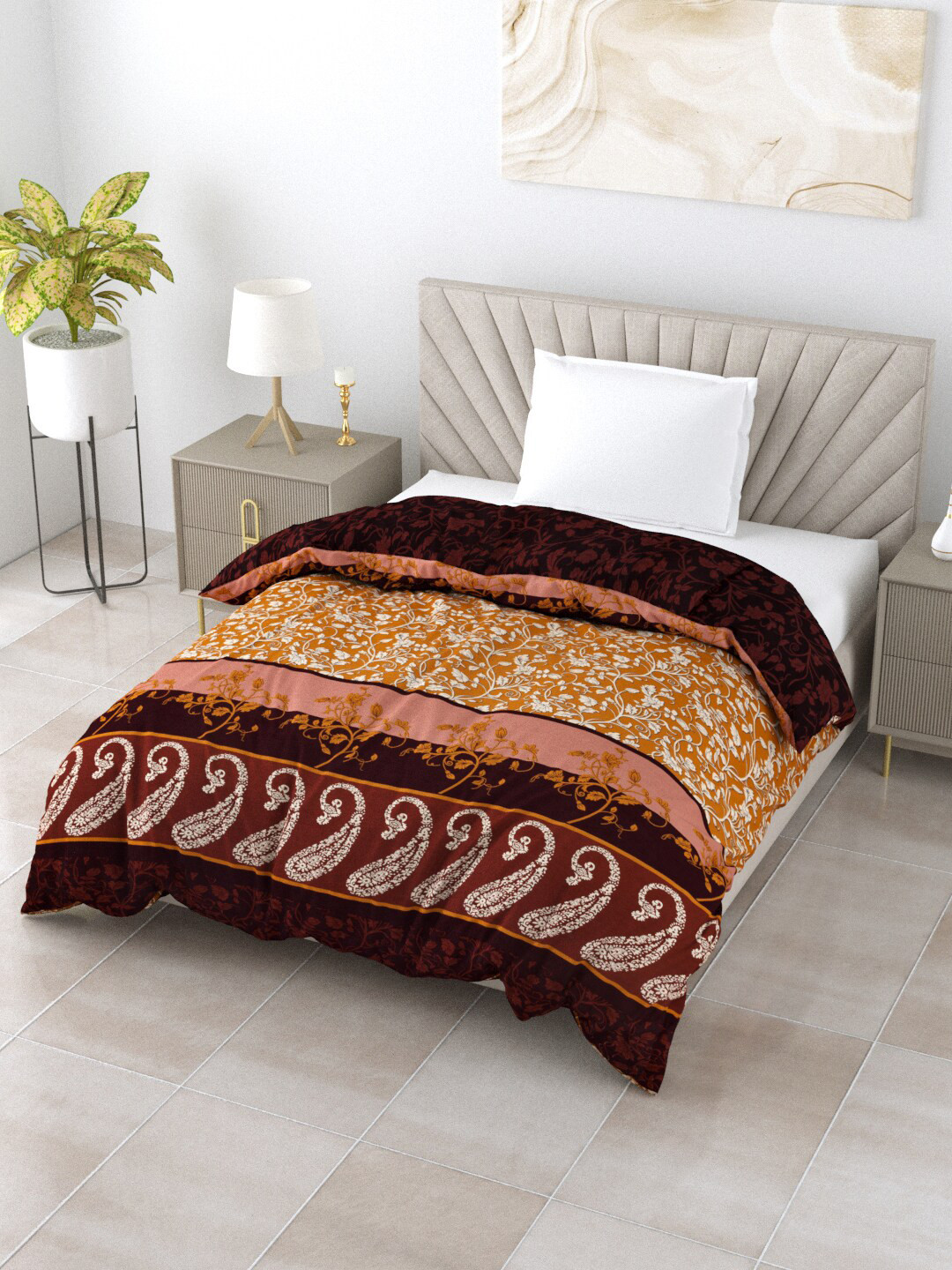 

Salona Bichona Maroon & Mustard Floral Mild Winter 120 GSM Single Bed Comforter
