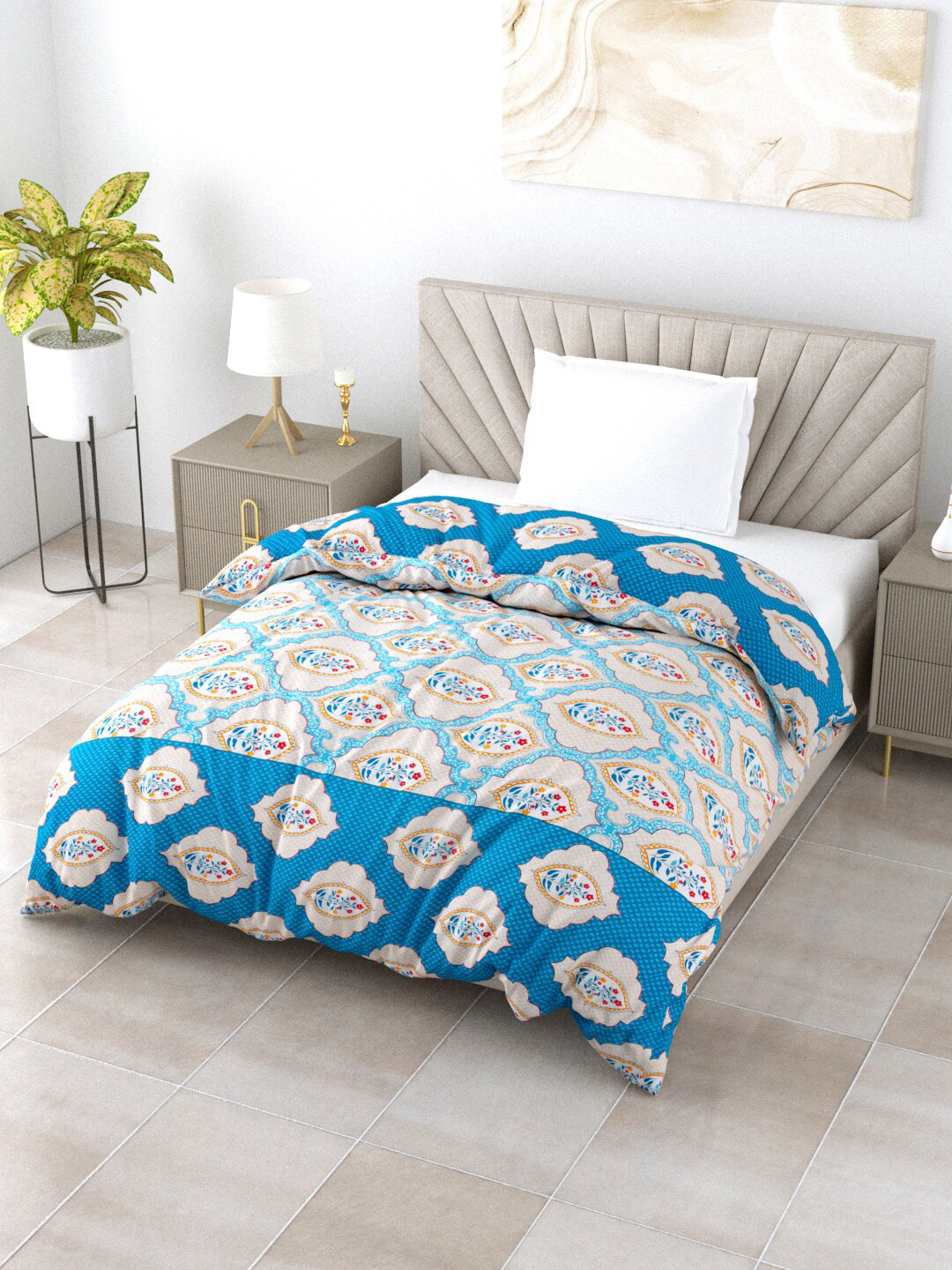 

Salona Bichona Turquoise Blue & Beige Floral Mild Winter 150 GSM Single Bed Comforter