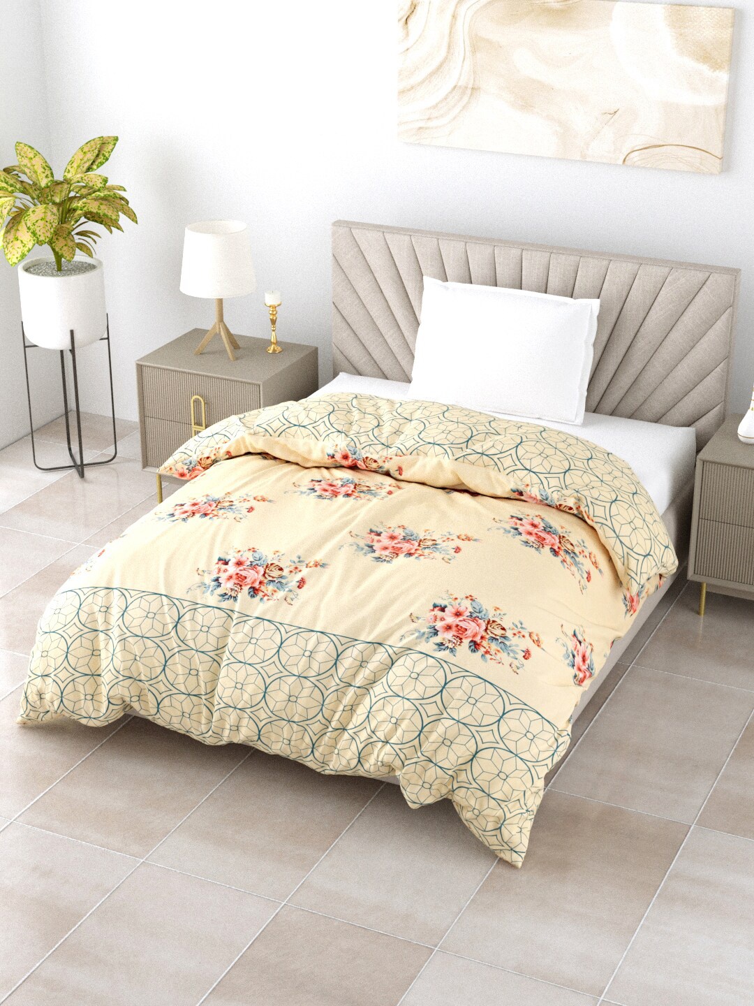 

Salona Bichona Cream & Blue Floral Mild Winter 150 GSM Cotton Single Bed Comforter