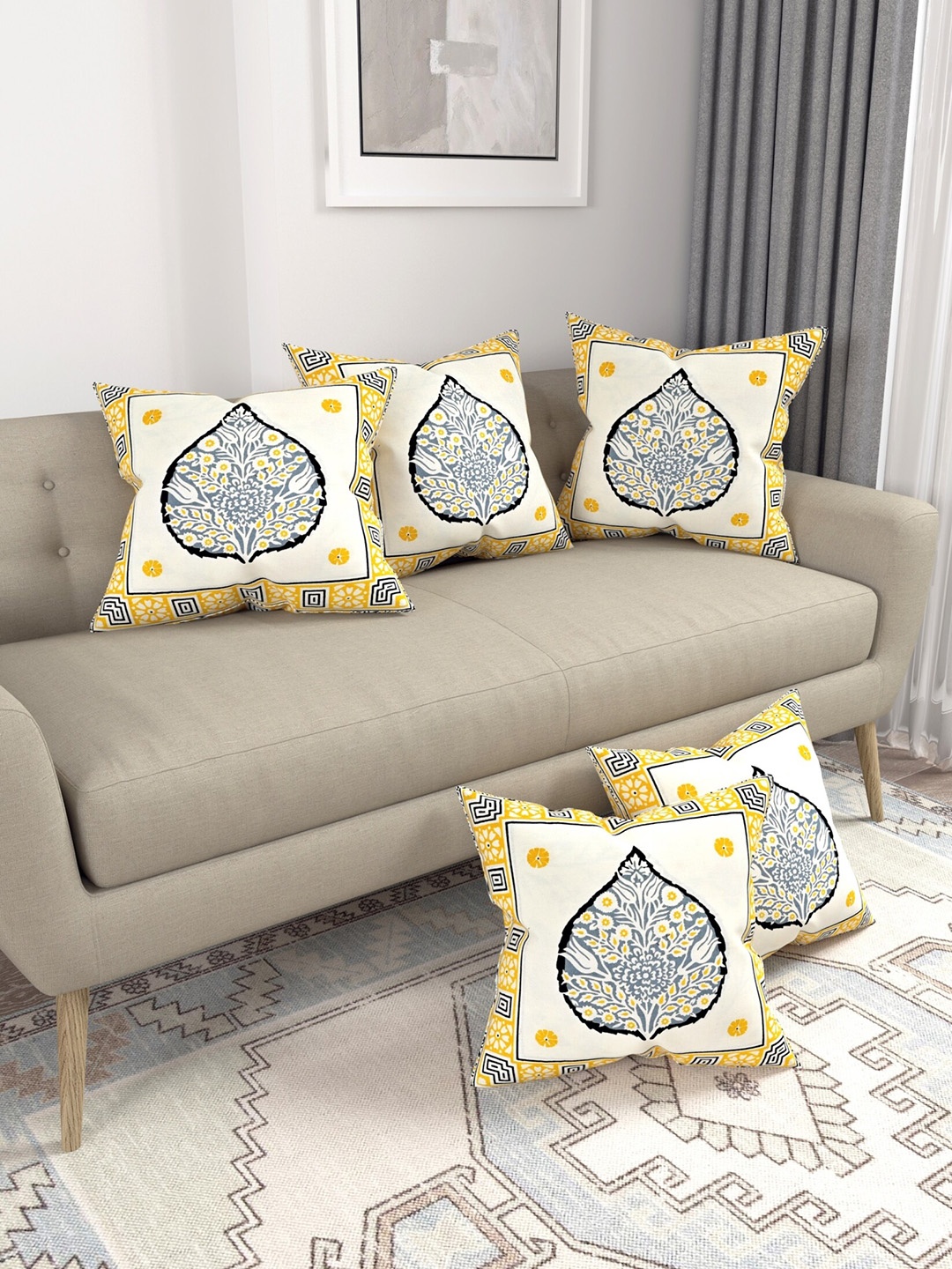 

Salona Bichona Yellow & Cream 5 Pieces Floral Square Cushion Covers