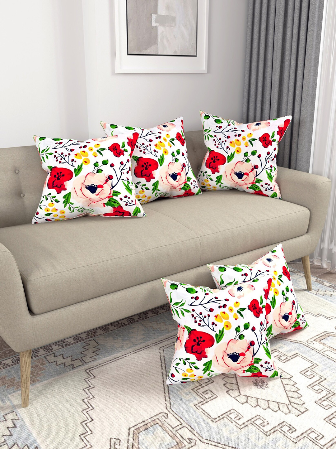 

Salona Bichona White & Red 5 Pcs Floral Square Cushion Covers