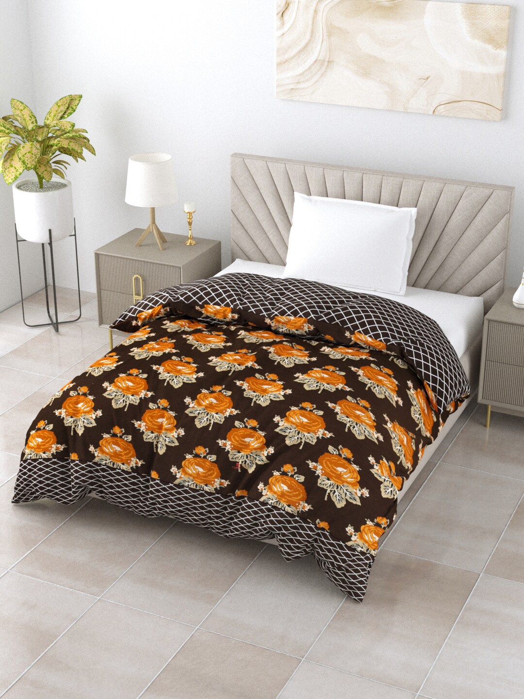 

Salona Bichona Brown & Yellow Floral Mild Winter 120 GSM Single Bed Comforter