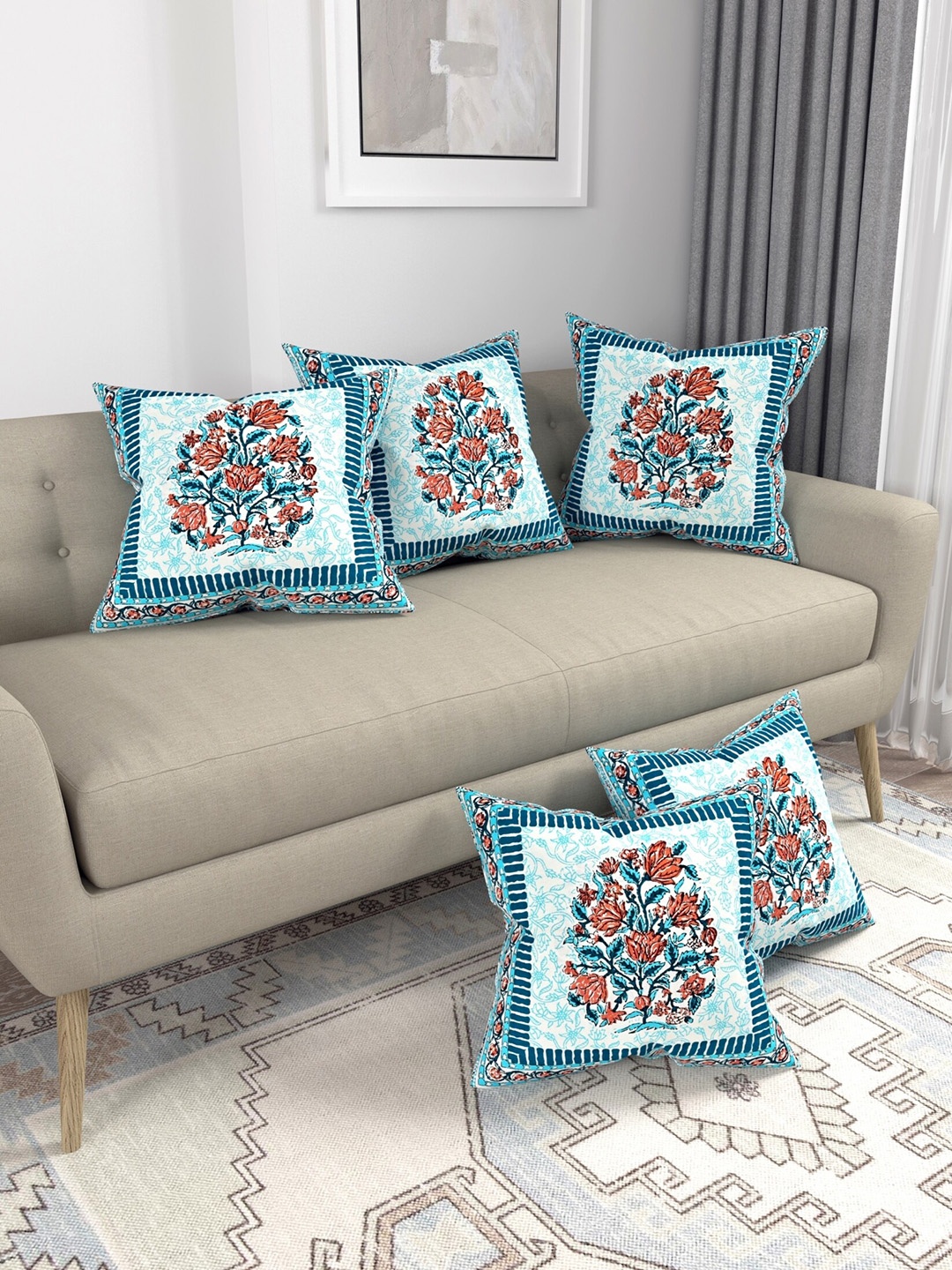 

Salona Bichona Set of 5 Floral Square Cushion Covers, Turquoise blue