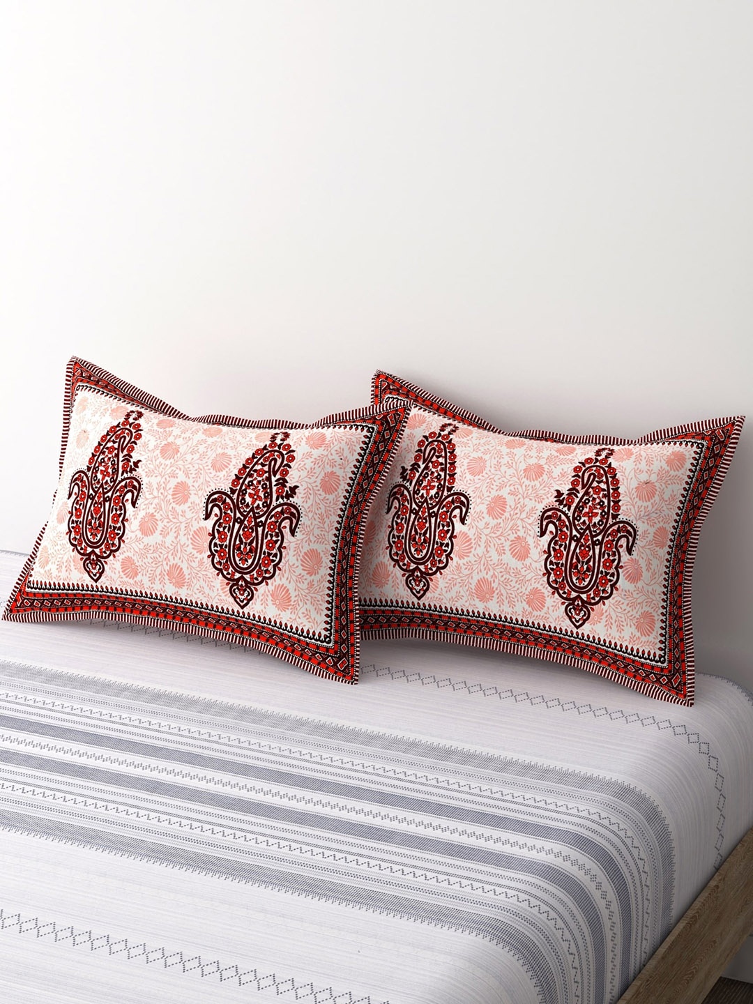 

Salona Bichona Red & White 2 Pieces Printed 120 TC Pure Cotton Pillow Cover
