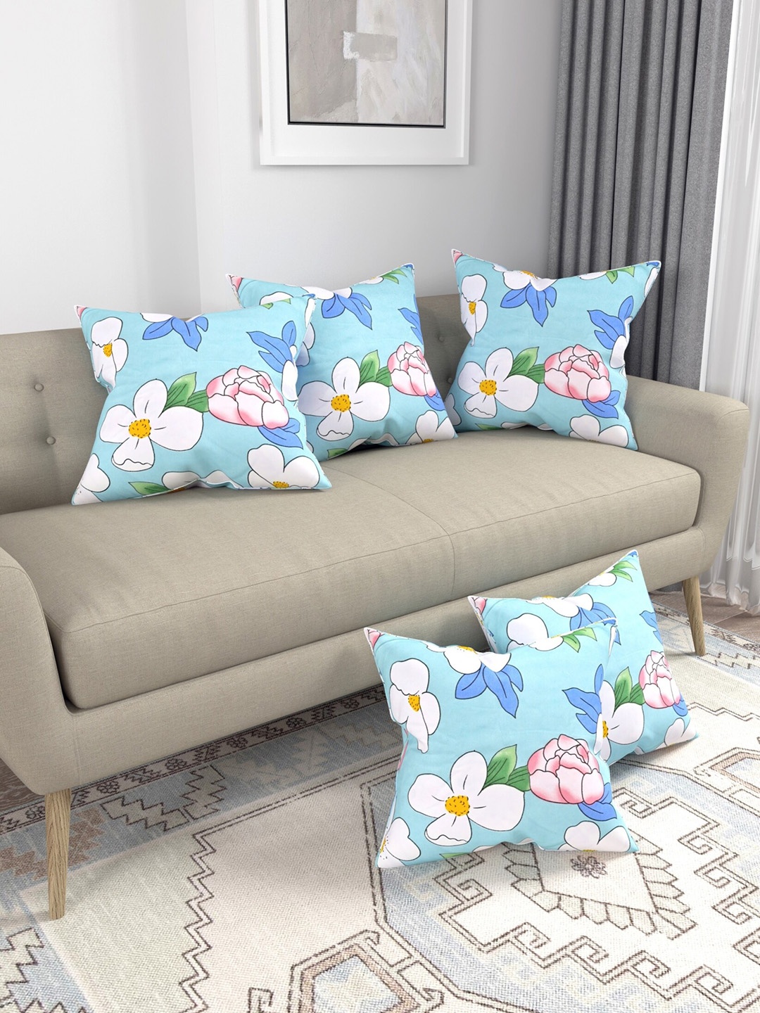 

Salona Bichona Impression Turquoise & White 5 Pcs Floral Printed Square Cushion Covers, Turquoise blue