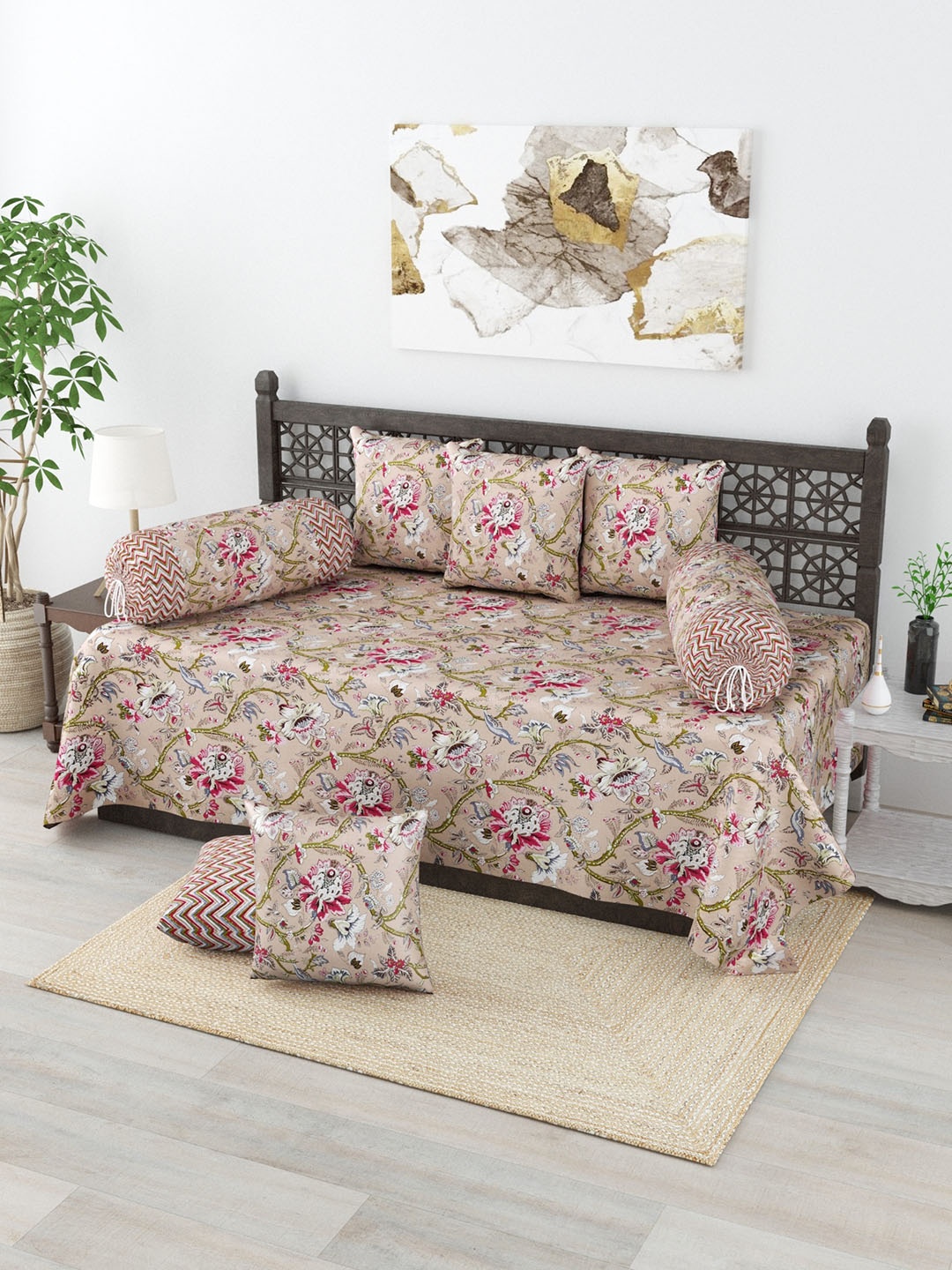 

Salona Bichona Peach & Red 8 Pcs Floral Printed 120 TC Cotton Diwan Set