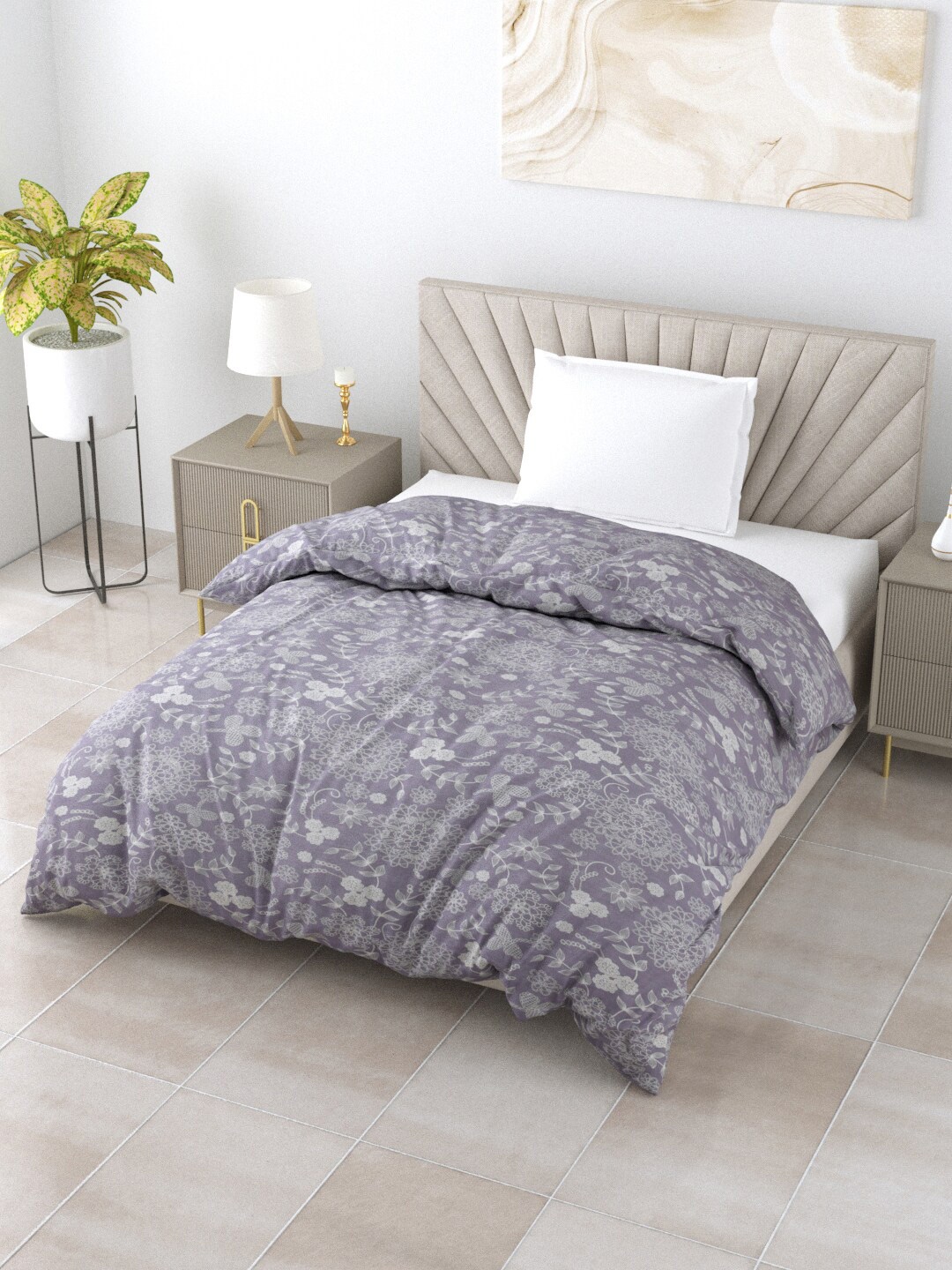 

Salona Bichona Purple & Grey Floral Mild Winter 150 GSM Single Bed Comforter