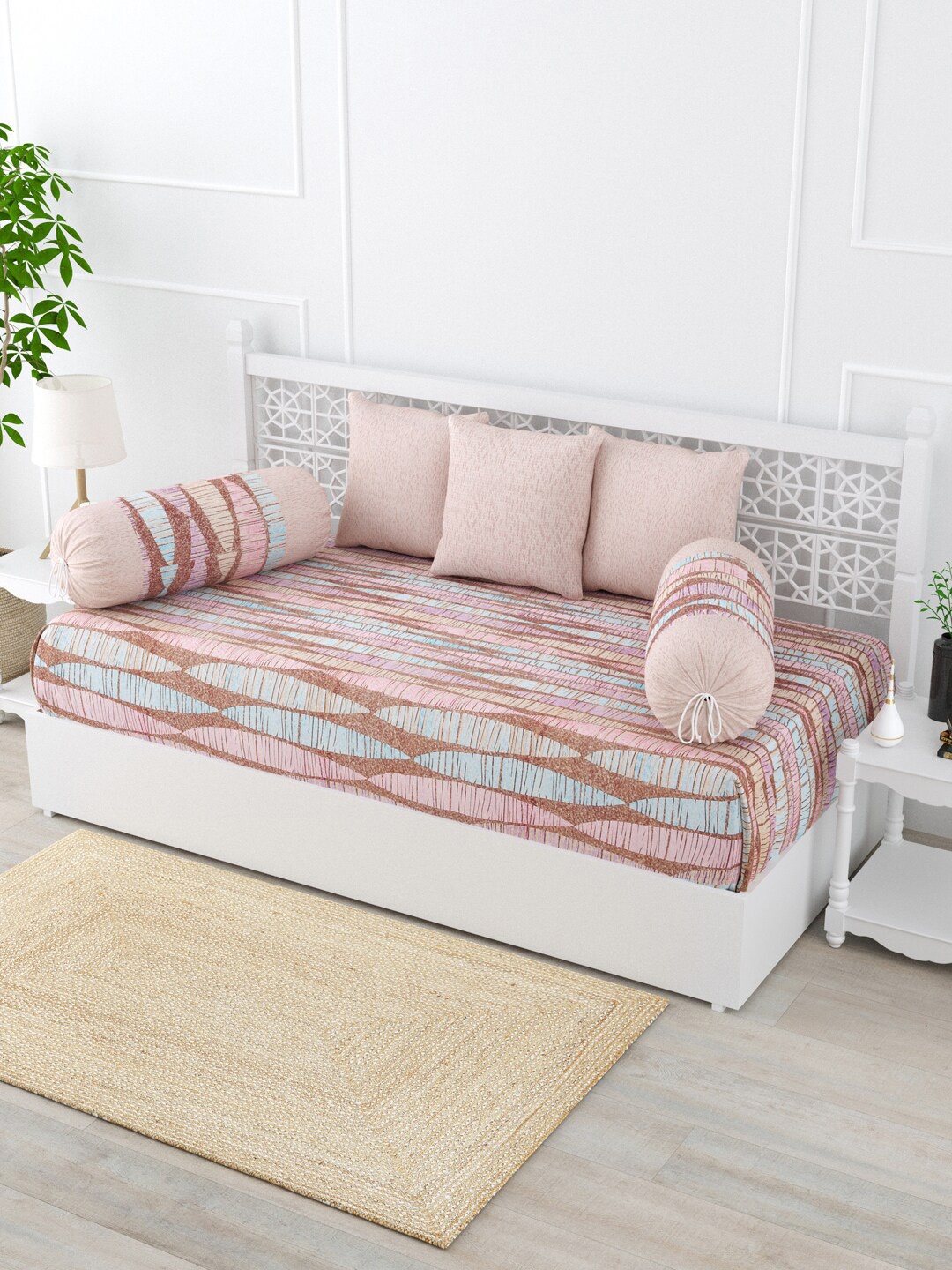 

Salona Bichona Pink & Brown 6 Pcs Geometric Printed 120 TC Cotton Diwan Set