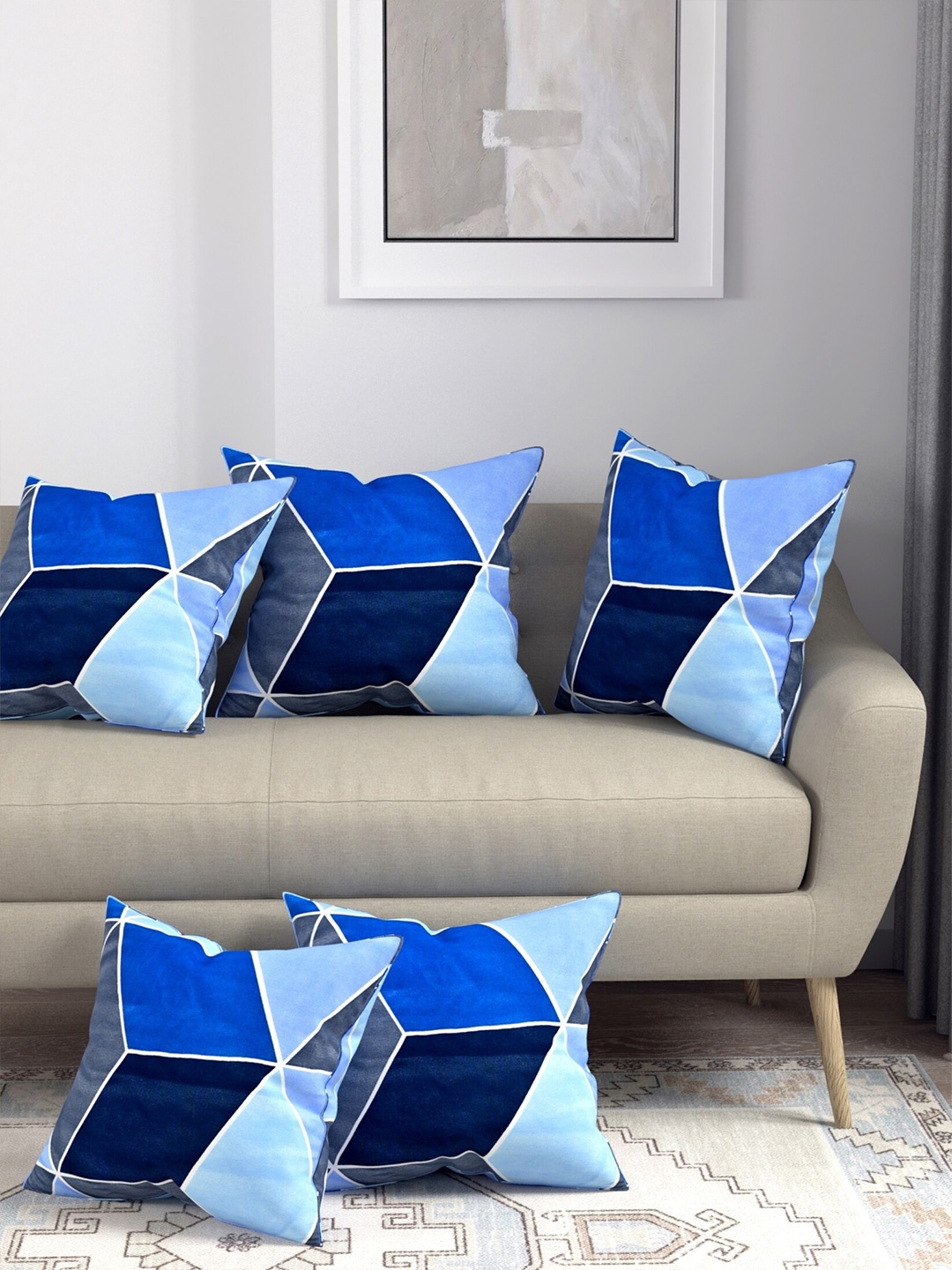

Salona Bichona Blue & Grey 5 Pieces Geometric Square Cushion Covers
