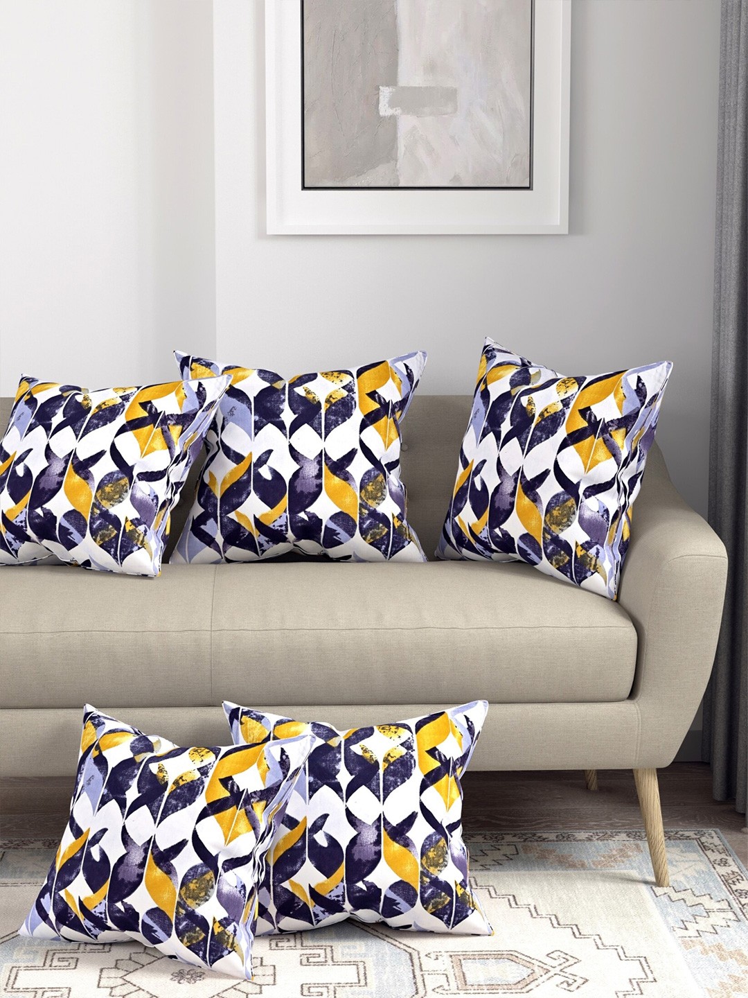 

Salona Bichona Exotica Blue & White 5 Pcs Geometric Printed Cotton Square Cushion Covers