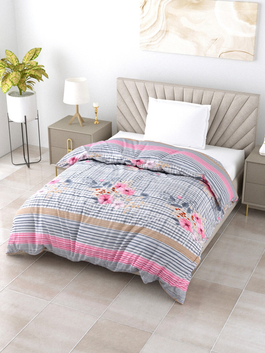 

Salona Bichona Austere Grey & Pink Floral Mild Winter 150 GSM Cotton Single Bed Comforter