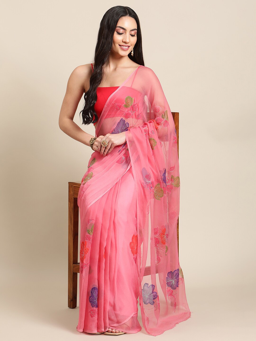 

La Vastraa Thread Work Floral Pure Chiffon Saree, Pink