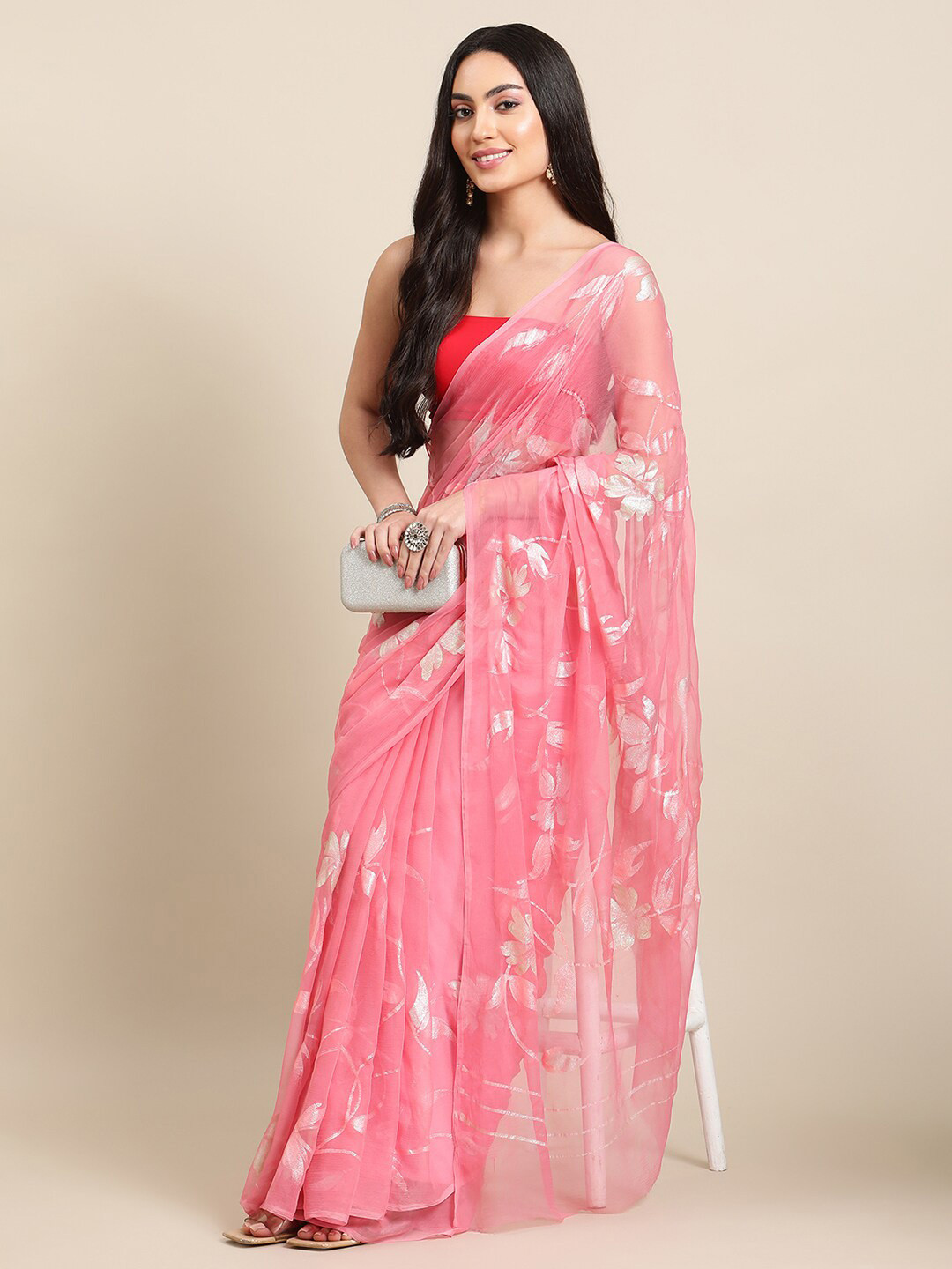 

La Vastraa Floral Pure Chiffon Saree, Pink