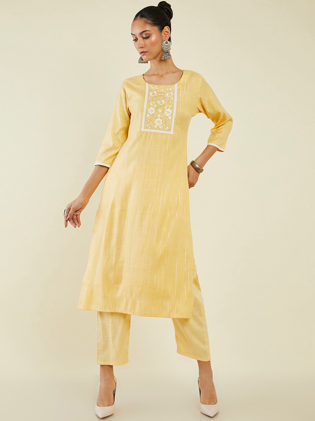 

Soch Striped Thread Work Kurta with Trousers, Yellow