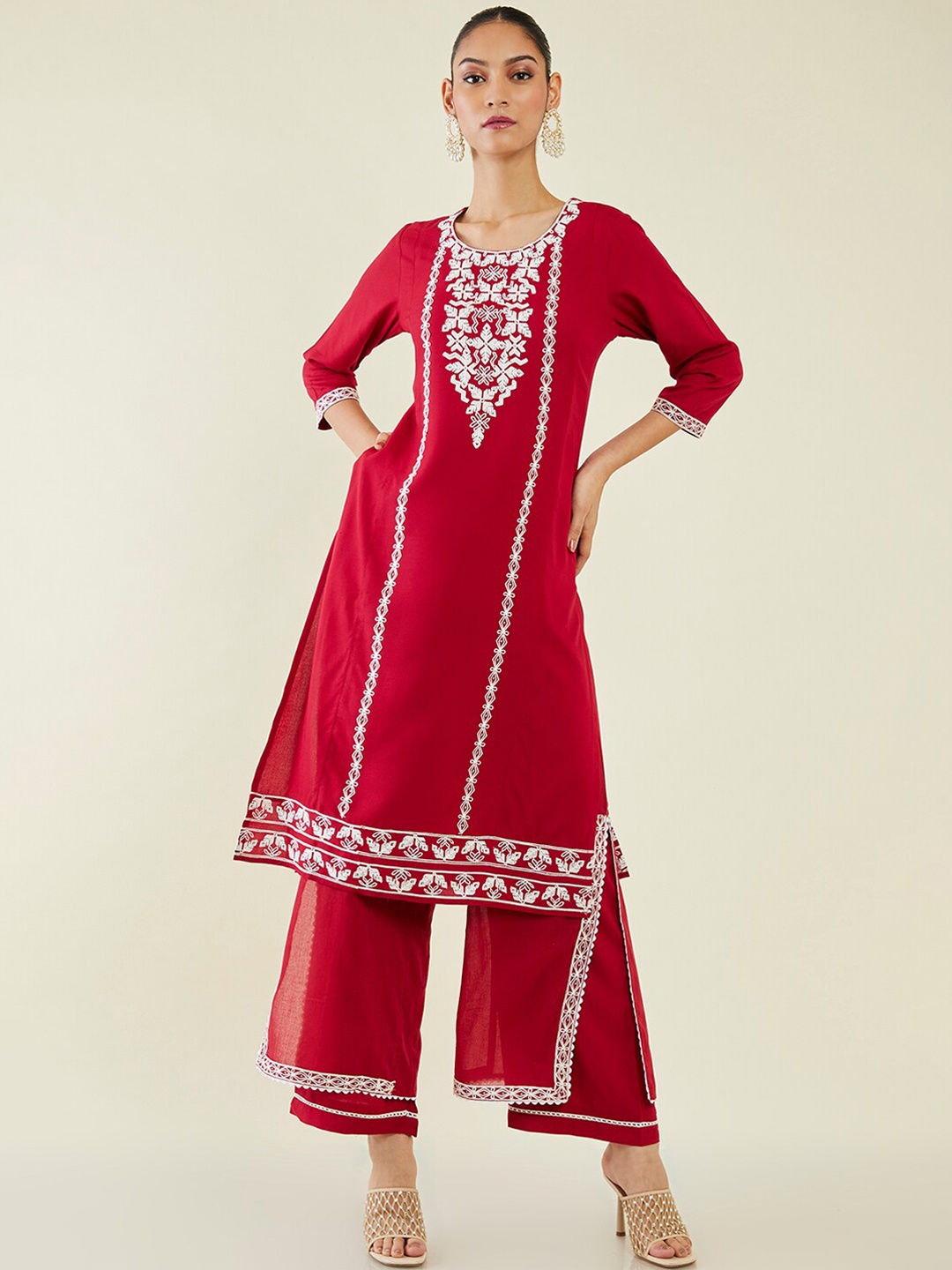 

Soch Women Floral Embroidered Kurta with Palazzos, Red