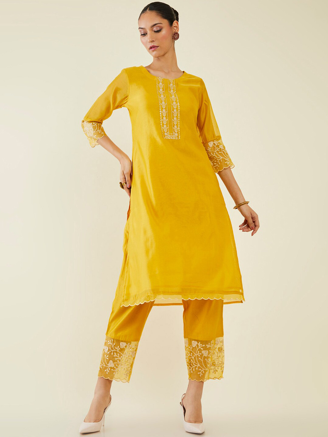 

Soch Thread Work Chanderi Silk Kurta with Trousers, Mustard