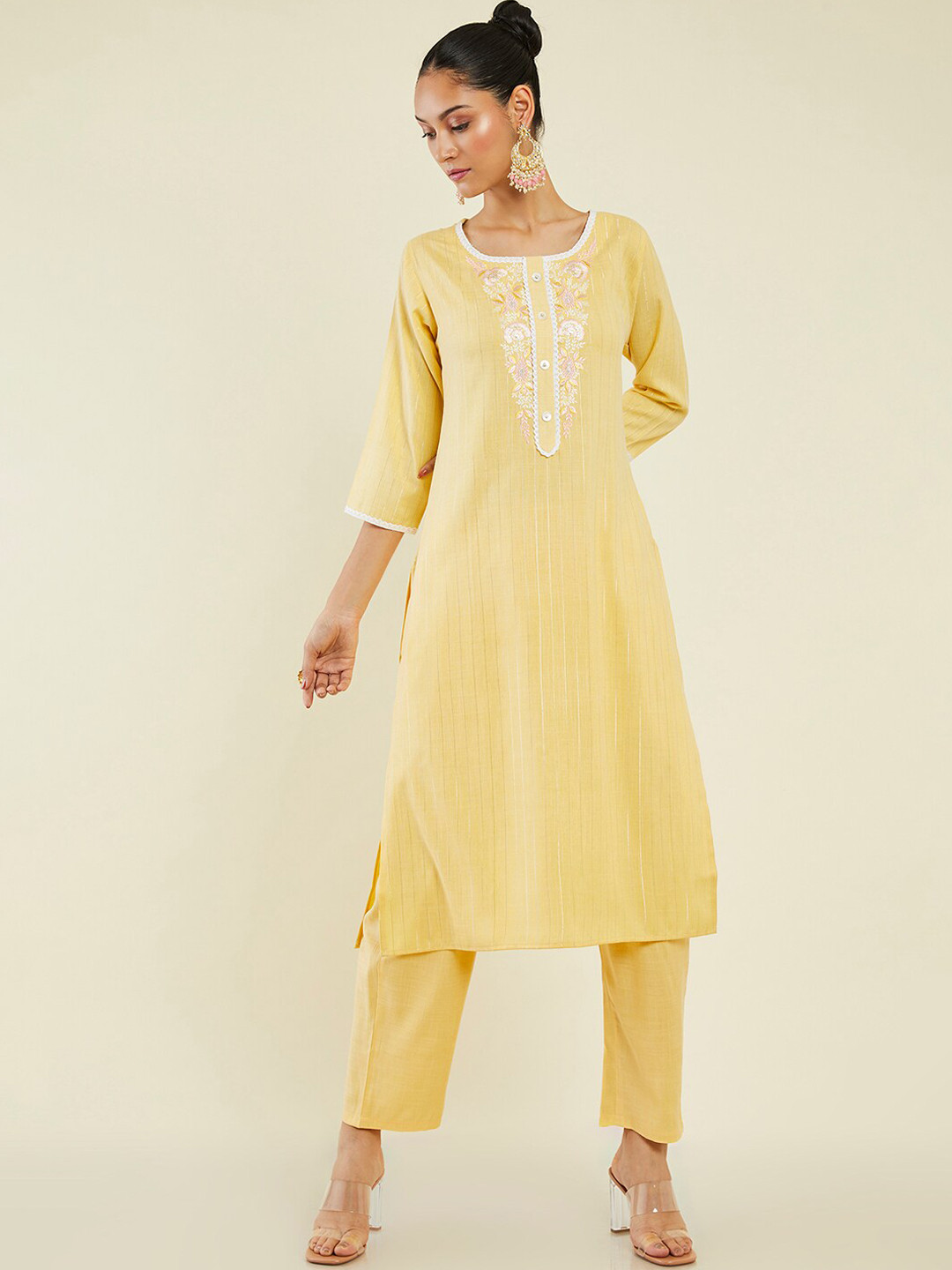 

Soch Women Striped Woven Design Thread Work Kurta with Trousers, Yellow