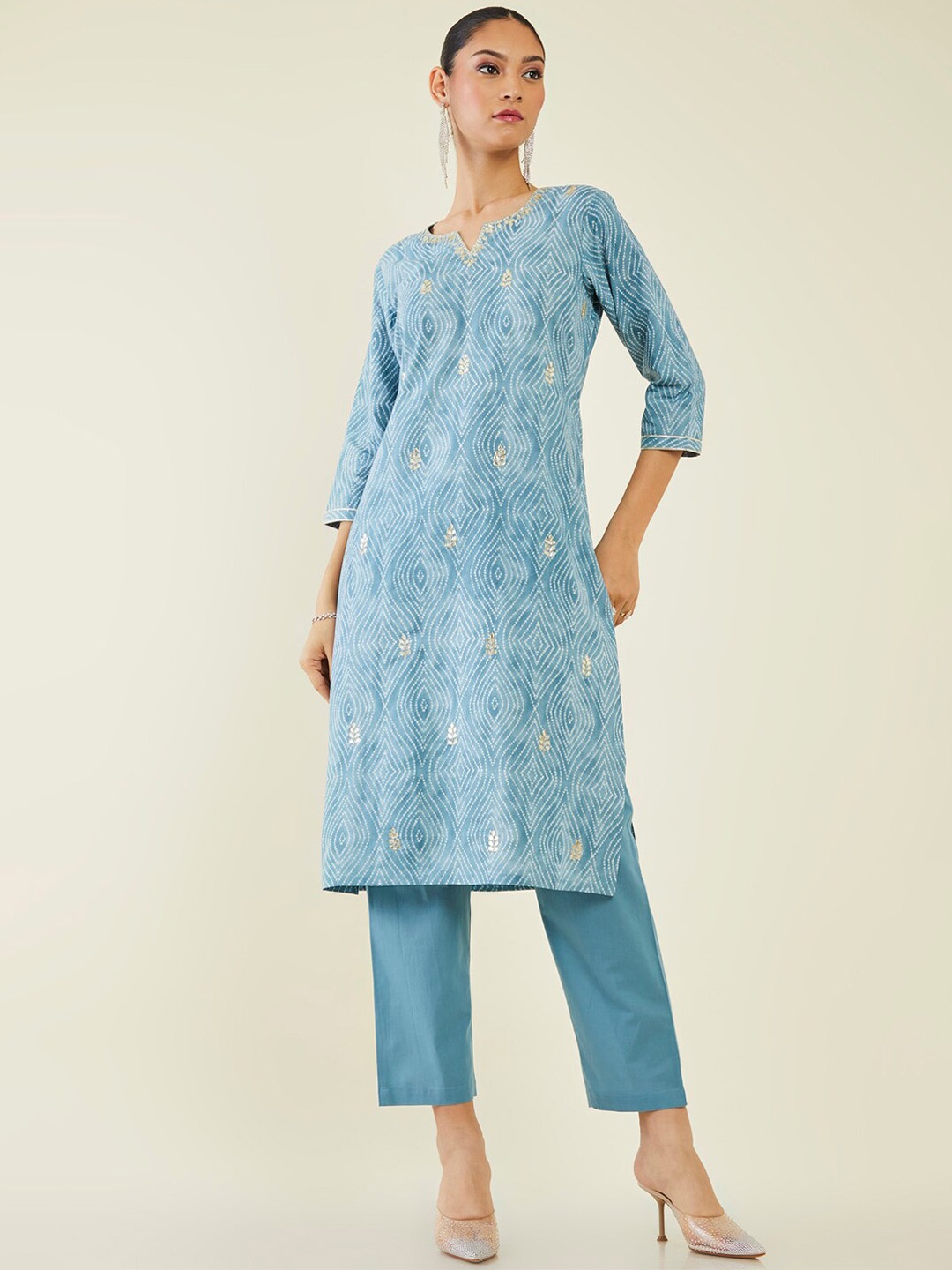 

Soch Women Bandhani Printed Pure Cotton Kurta with Trousers, Blue