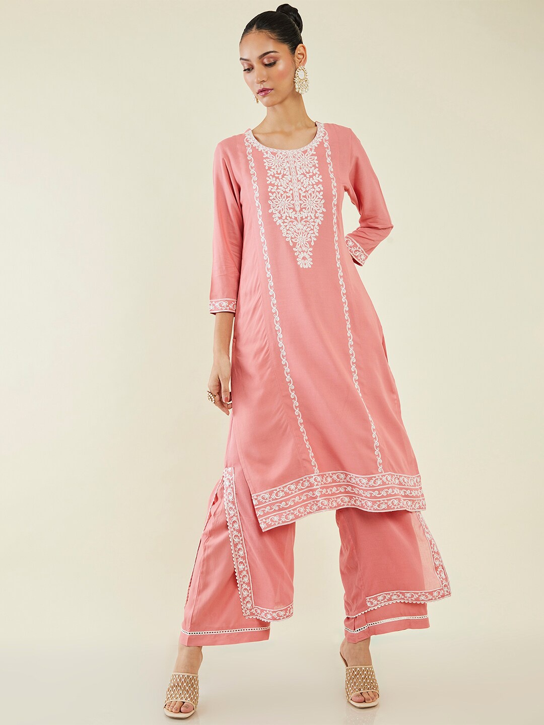 

Soch Women Floral Embroidered Kurta with Palazzos, Pink