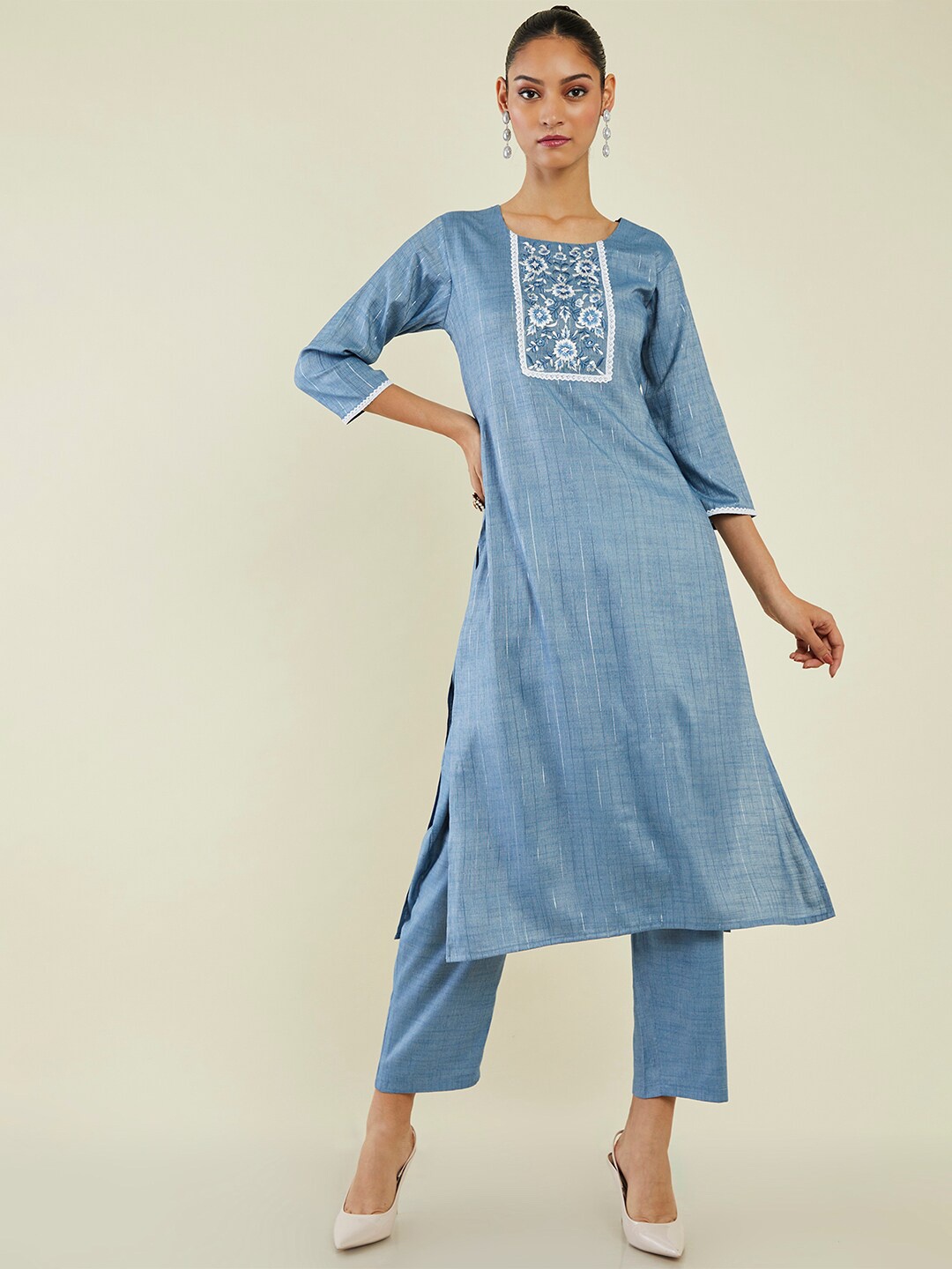 

Soch Striped Thread Work Regular Straight Kurta with Trousers, Blue