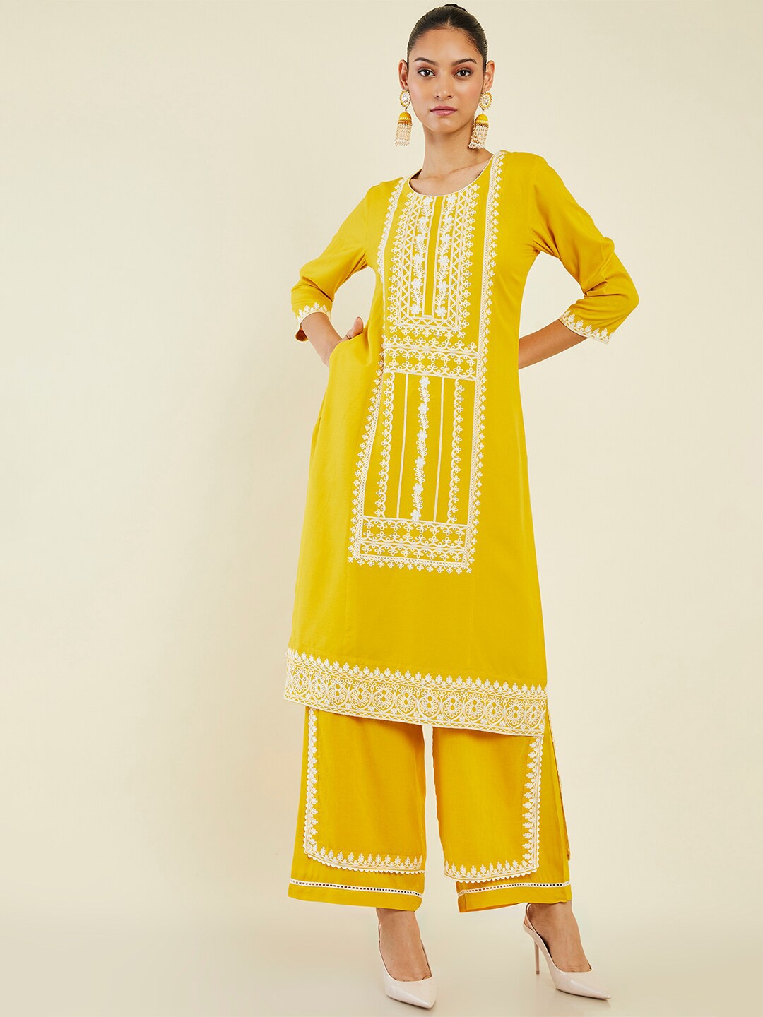 

Soch Floral Embroidered Thread work Regular Kurta with Palazzos, Mustard