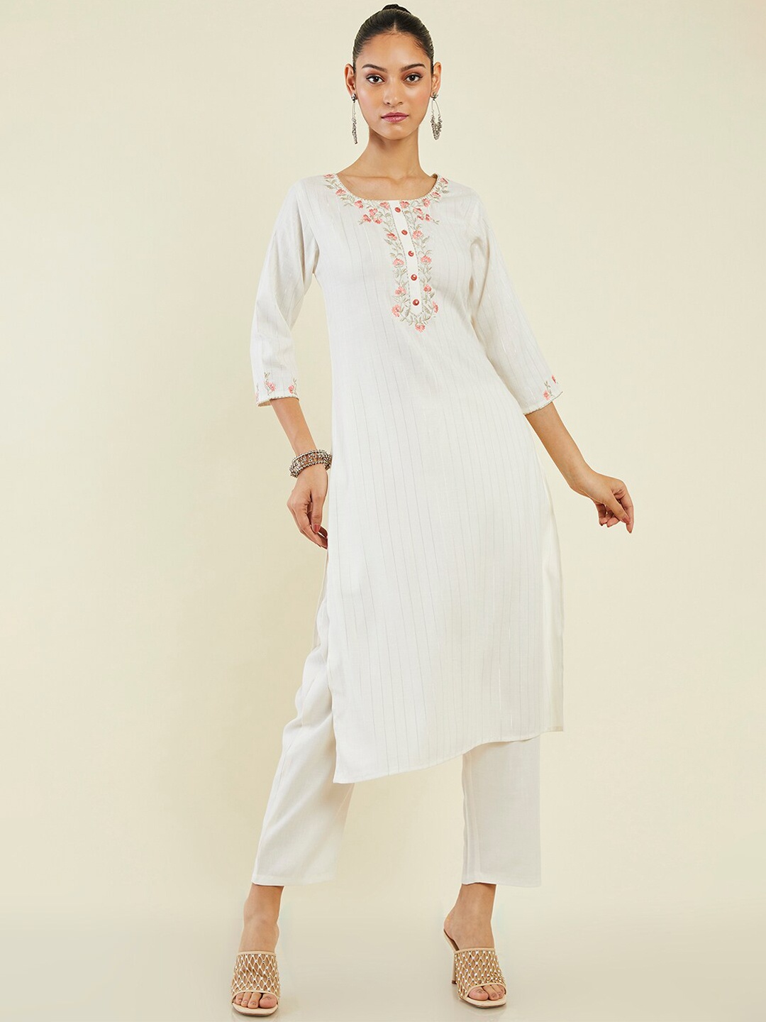 

Soch Striped Thread Work Regular Straight Kurta with Trousers, White