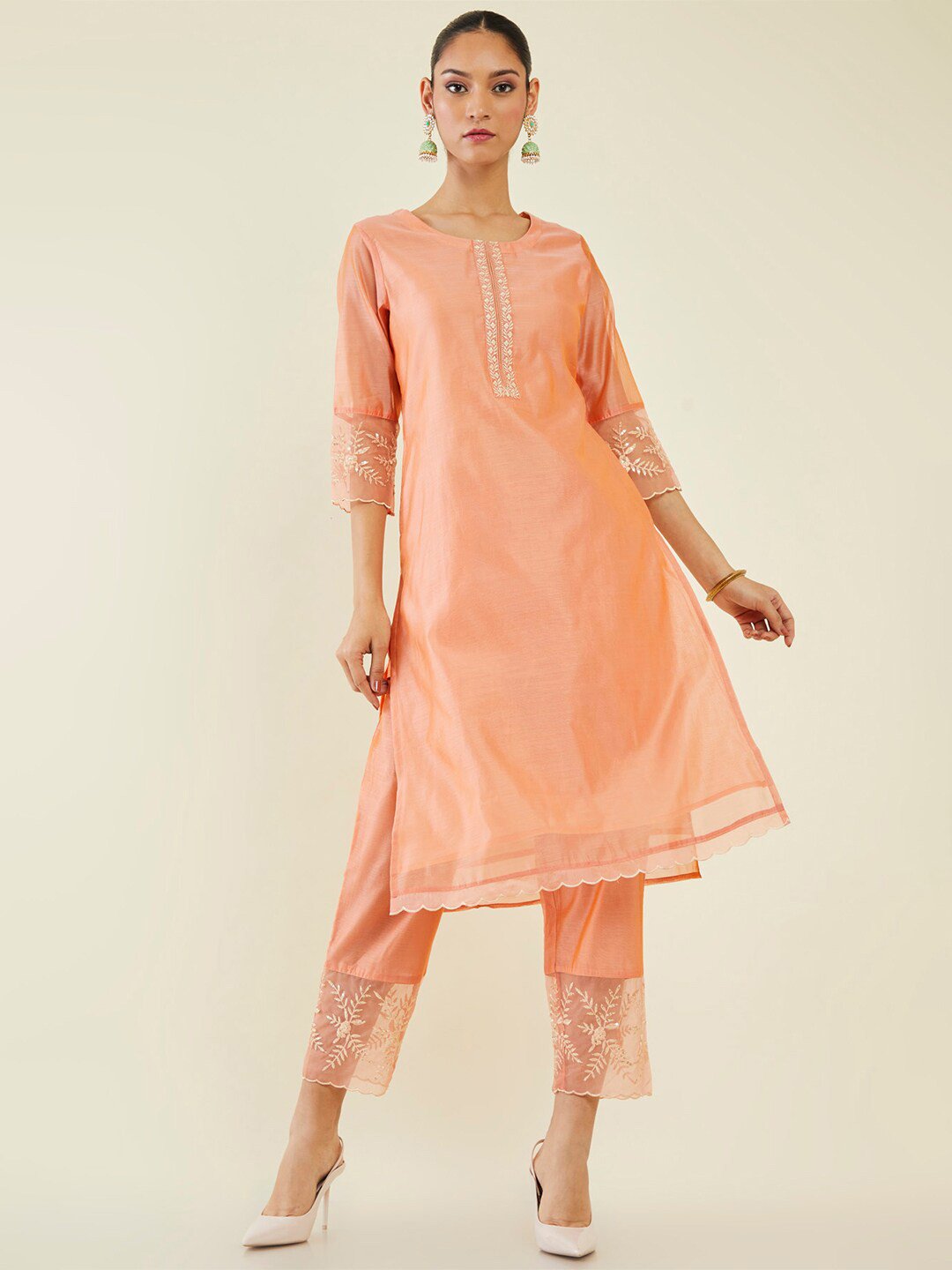 

Soch Thread Work Round Neck Straight Regular Chanderi Silk Kurta with Trousers, Peach