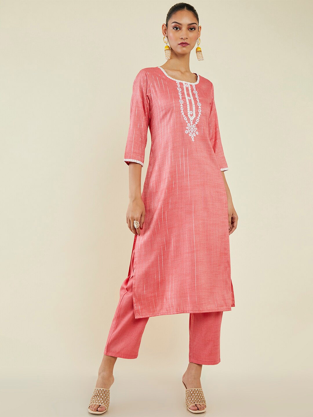 

Soch Striped Thread Work Straight Regular Kurta with Trousers, Coral