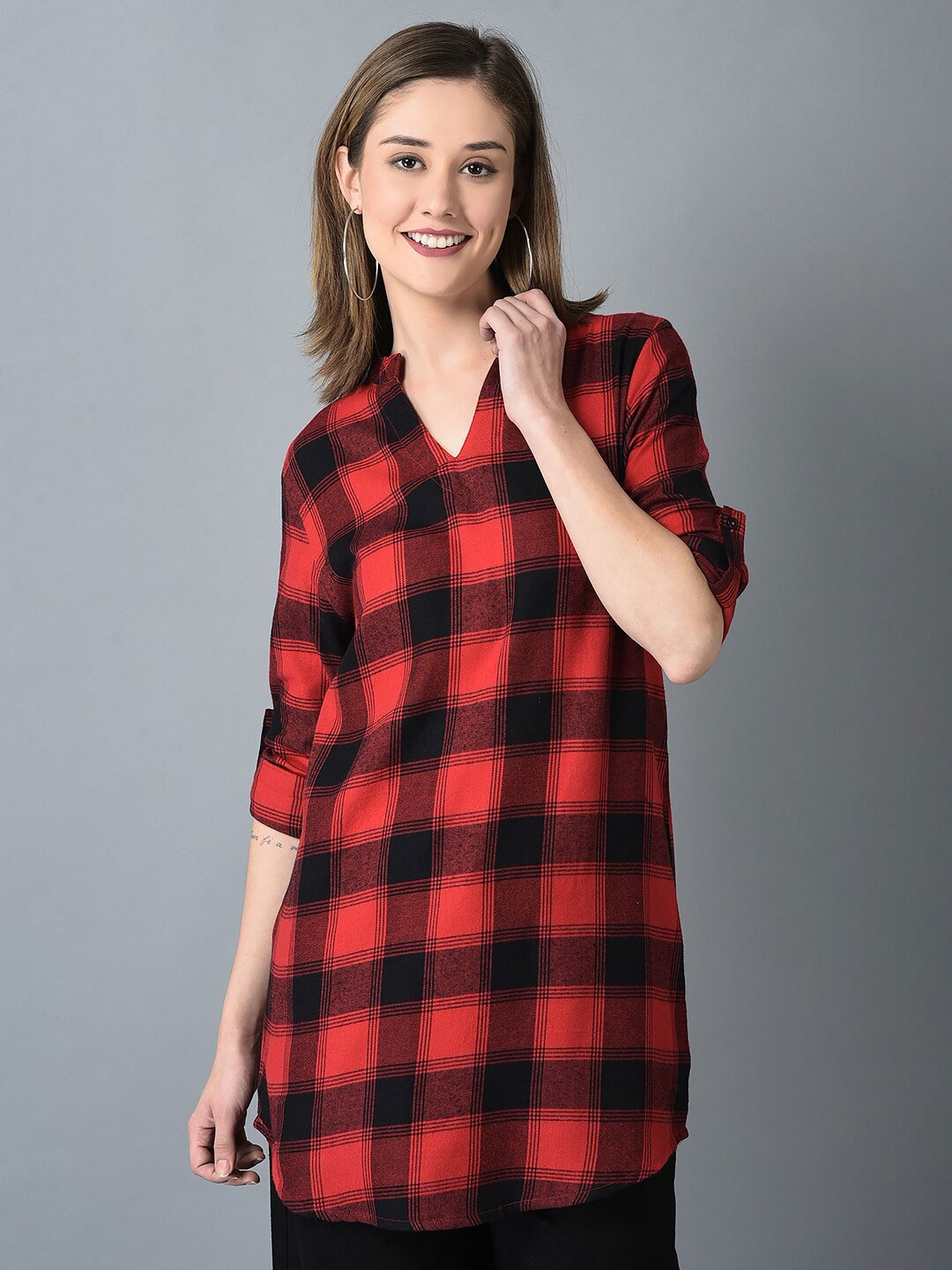 

CANOE Checked Pure Cotton Tunic, Red