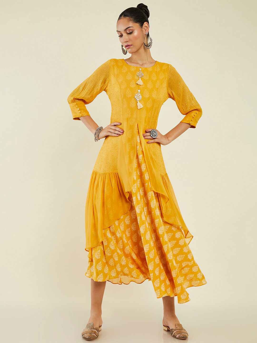 Soch Ethnic Motifs Printed Georgette A-Line Midi Ethnic Dress, Mustard