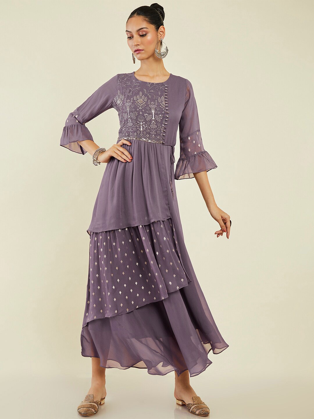 

Soch Bell Sleeves Embellished Georgette Fit & Flare Midi Ethnic Dress, Mauve