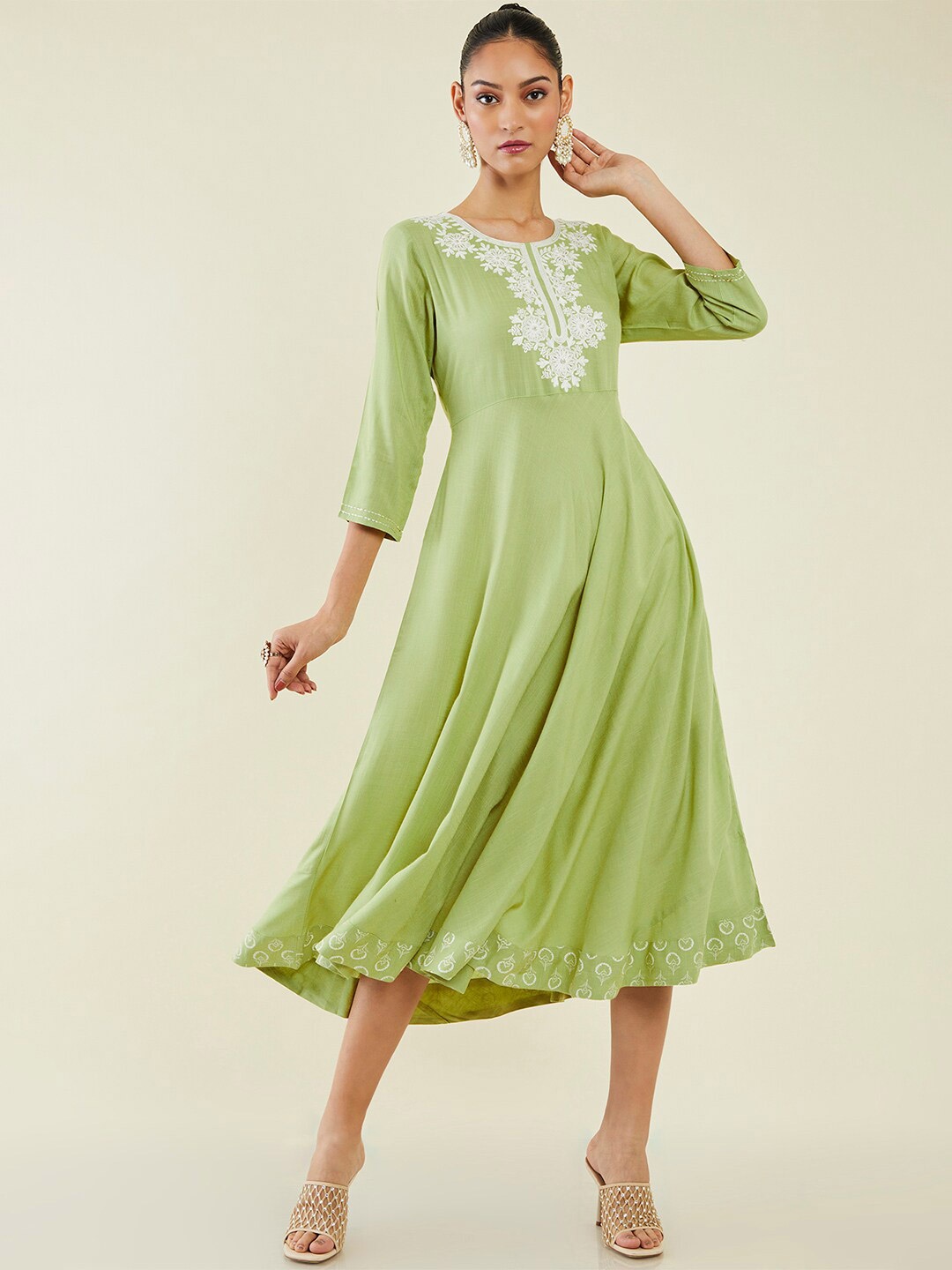 

Soch Ethnic Embroidered Fit & Flare Ethnic Dress, Green