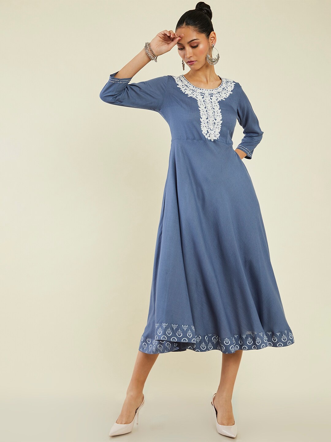 

Soch Floral Embroidered Ethnic Fit And Flare Midi Dress, Grey