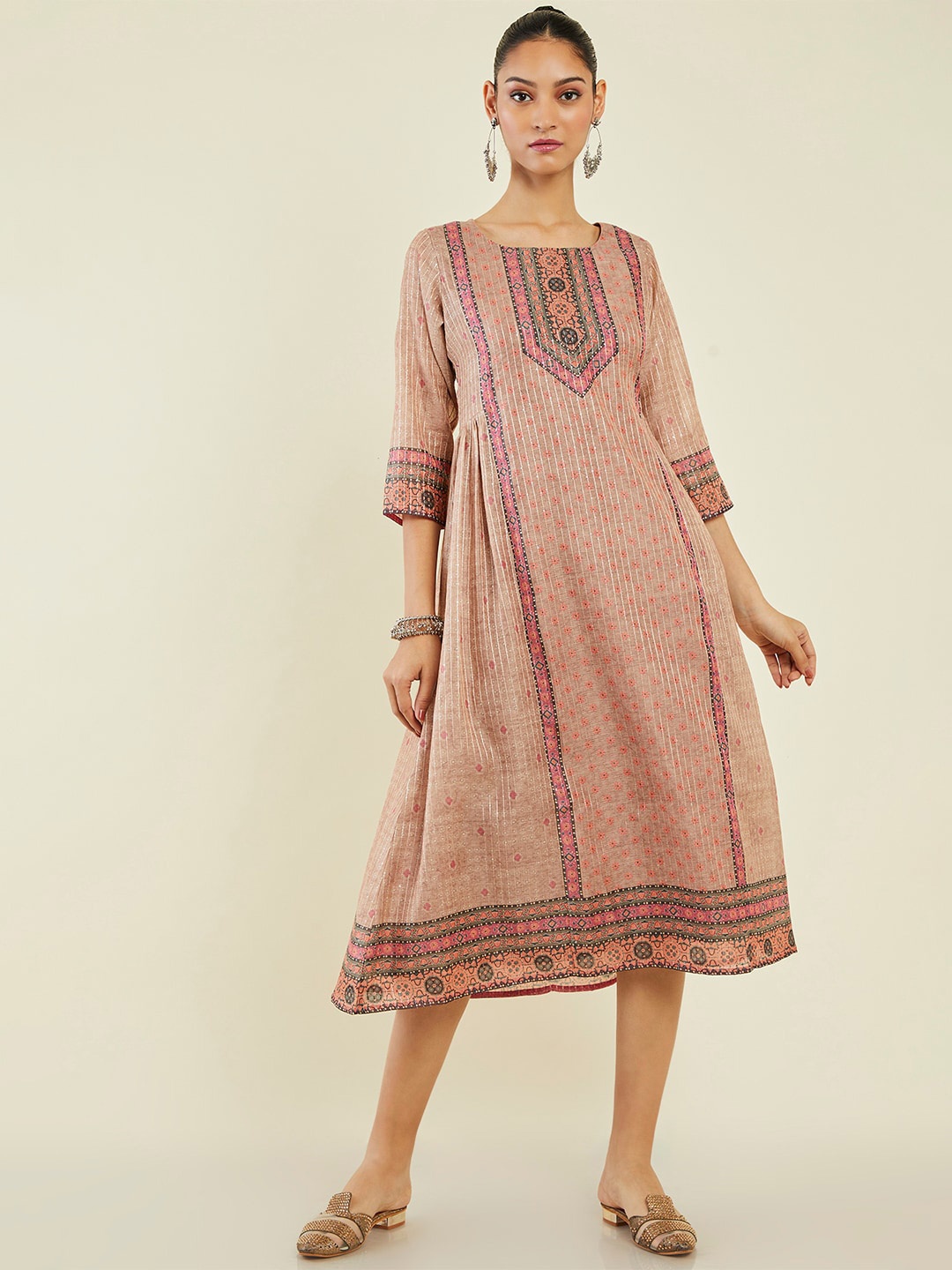 

Soch Ethnic Motifs Printed Chanderi Silk A-Line Ethnic Dress, Peach