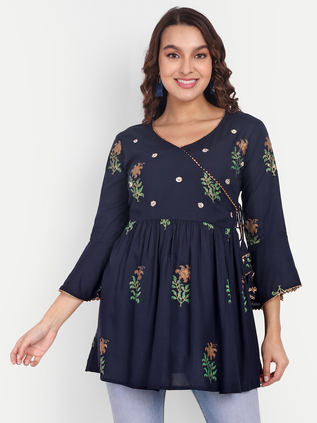 

Aarti Fashion Floral Printed Sequined Bell Sleeves Longline Pleated Wrap Top, Navy blue