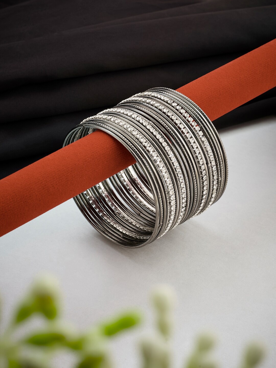 

ATIBELLE Set Of 22 Silver-Plated & Stone-Studded Metal Bangles