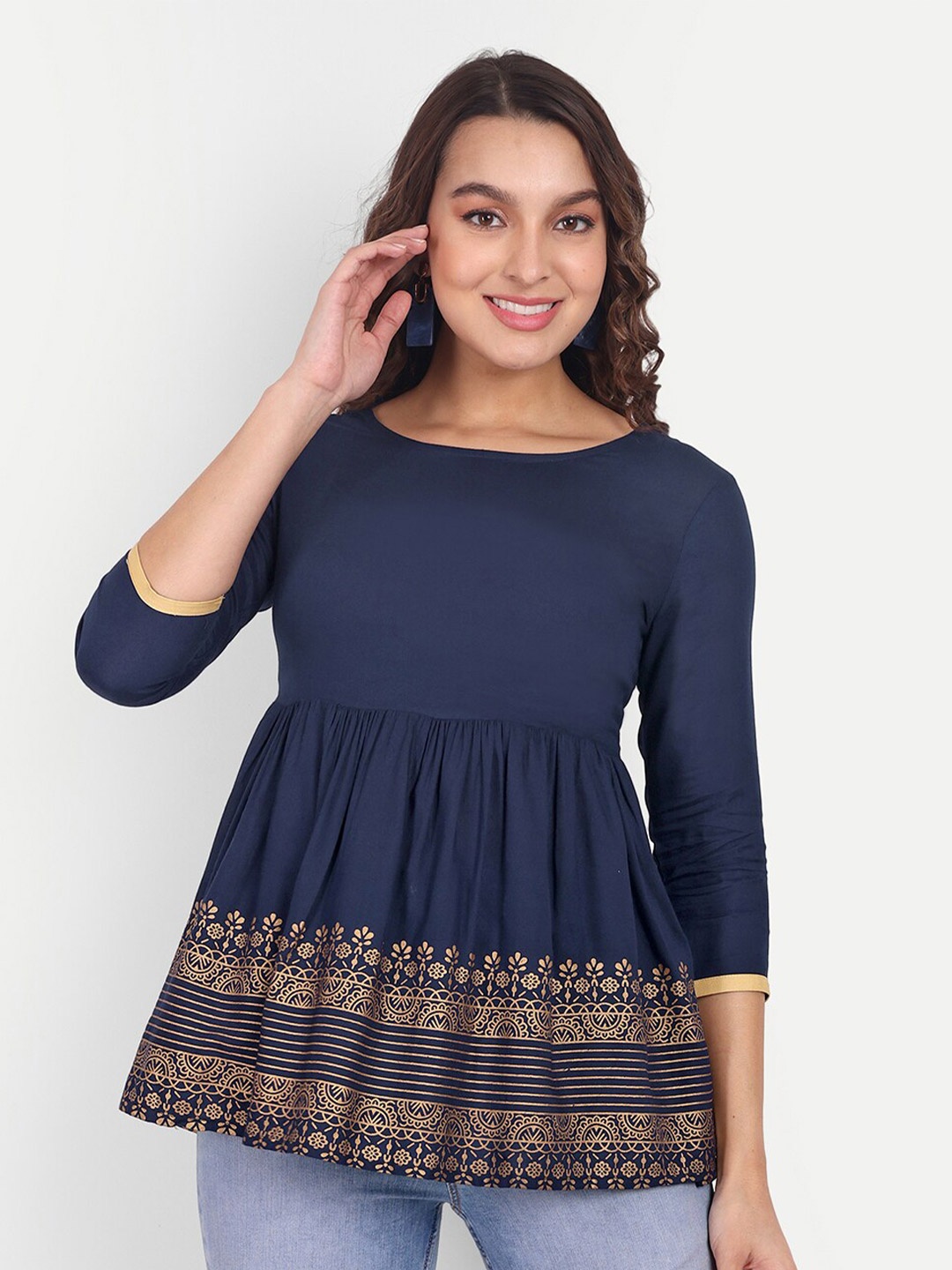 

Aarti Fashion Gathered Ethnic Motifs Printed A-Line Top, Blue