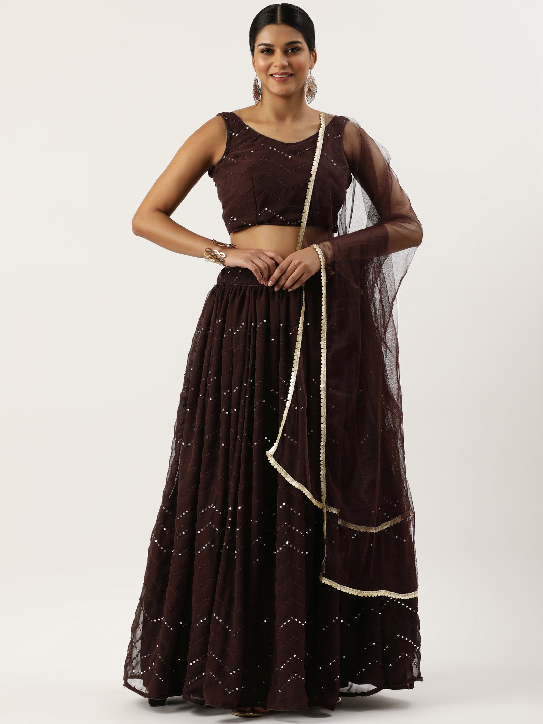 

Fabcartz Embroidered Sequinned Unstitched Lehenga & Blouse With Dupatta, Brown