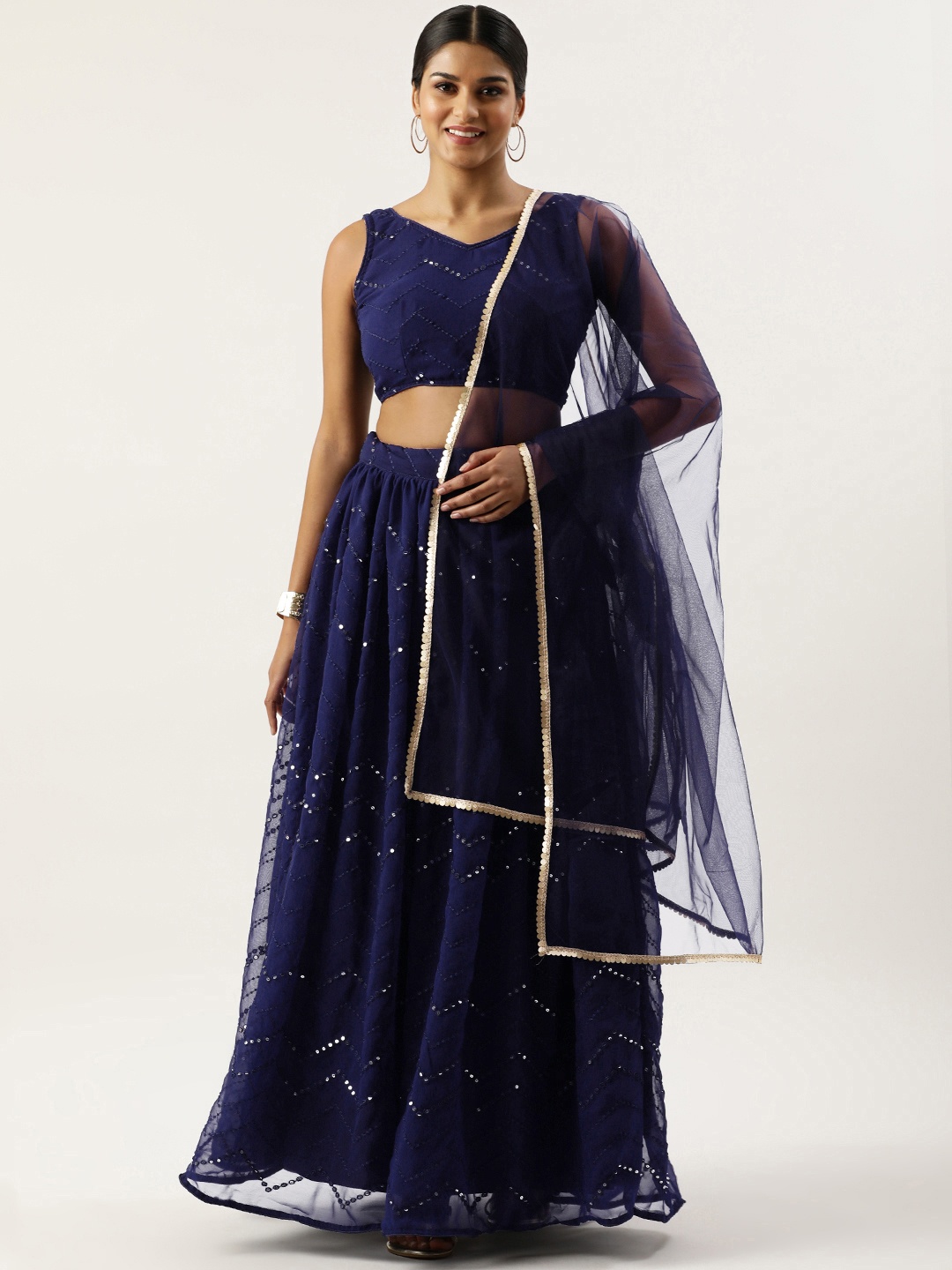 

Fabcartz Embroidered Sequinned Unstitched Lehenga & Blouse With Dupatta, Navy blue