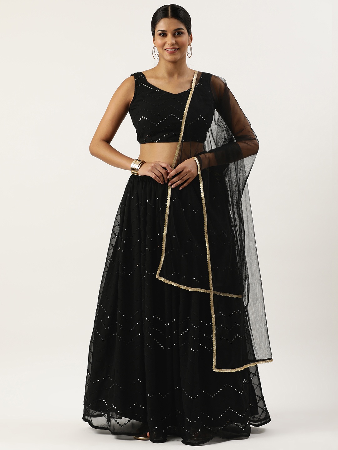 

Fabcartz Embroidered Sequinned Unstitched Lehenga & Blouse With Dupatta, Black