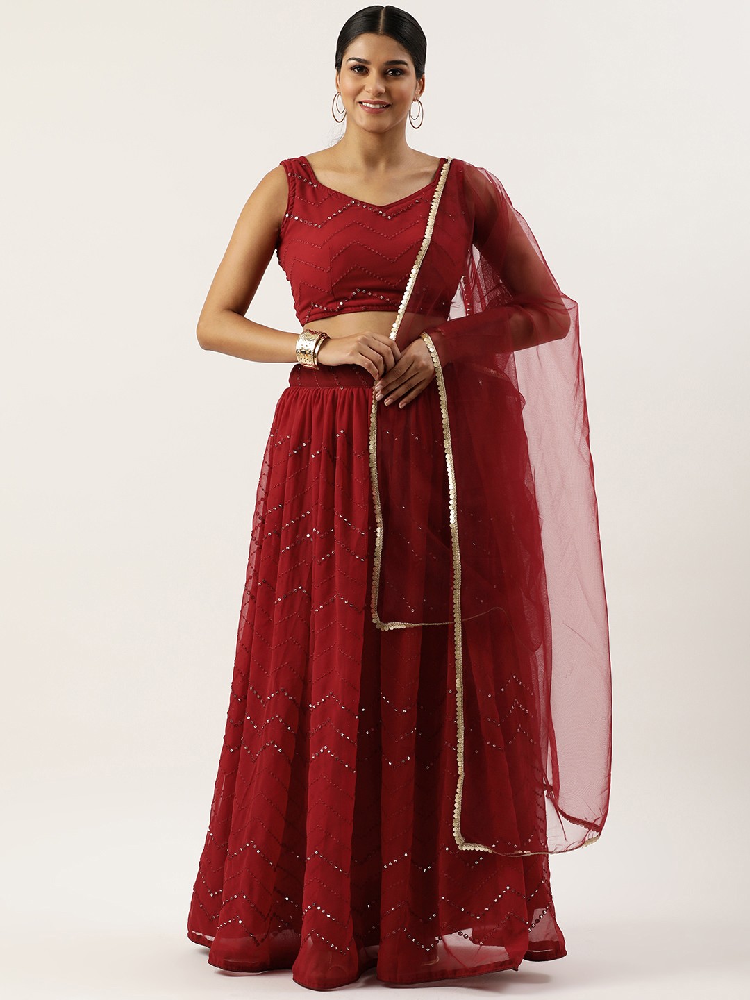 

Fabcartz Embroidered Sequinned Unstitched Lehenga & Blouse With Dupatta, Maroon