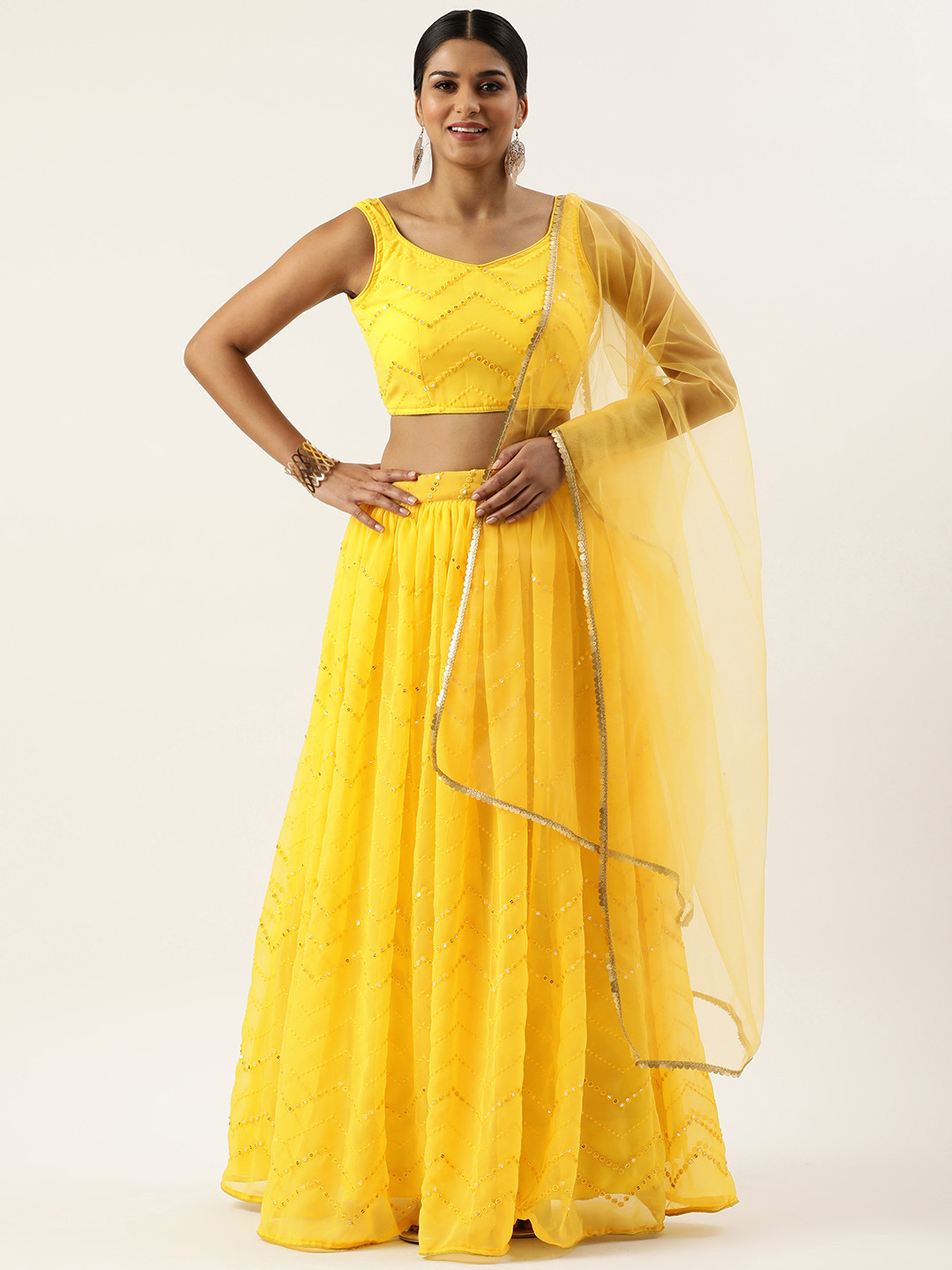 

Fabcartz Embroidered Sequinned Unstitched Lehenga & Blouse With Dupatta, Yellow