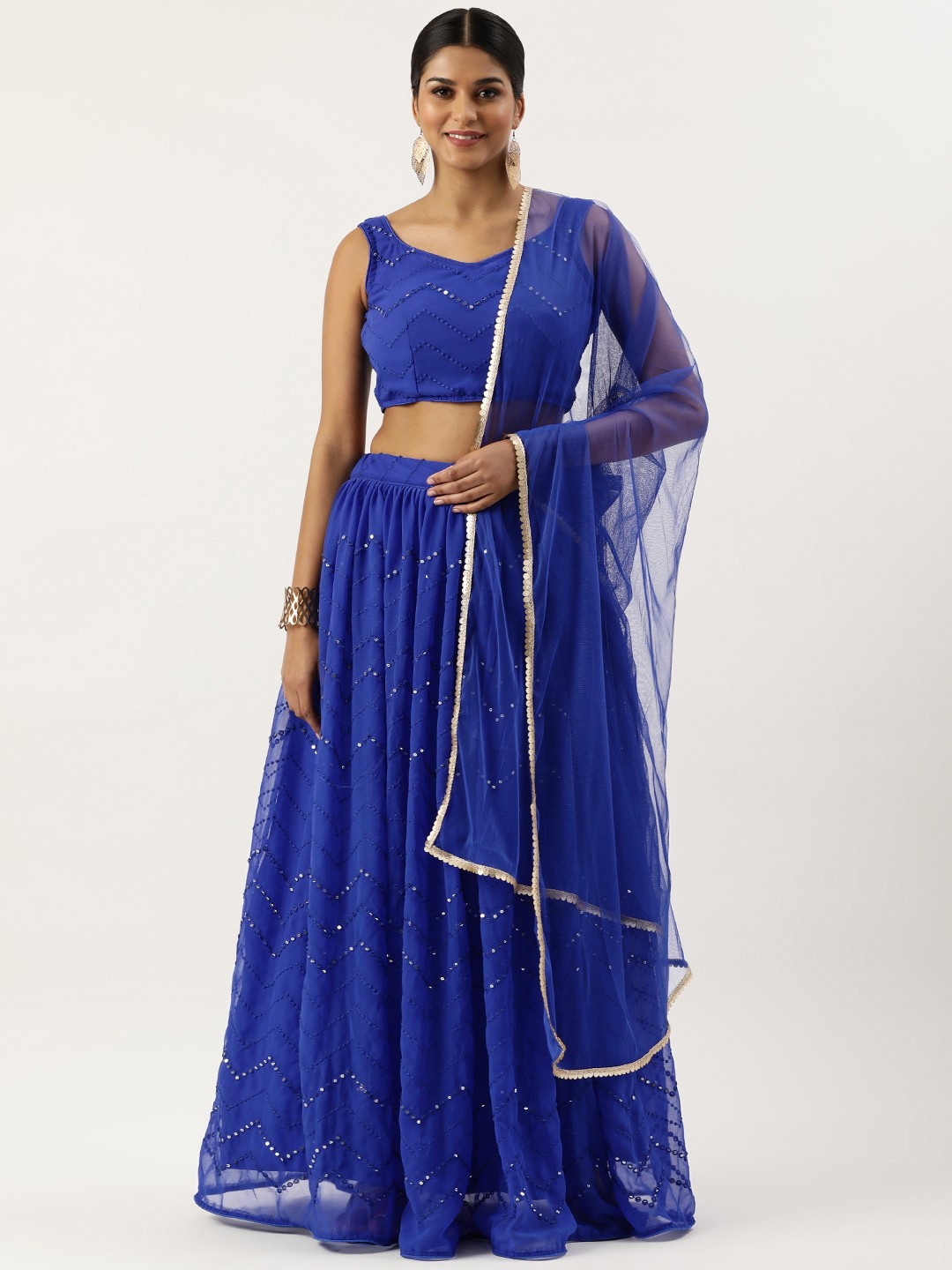 

Fabcartz Embroidered Sequinned Unstitched Lehenga & Blouse With Dupatta, Blue
