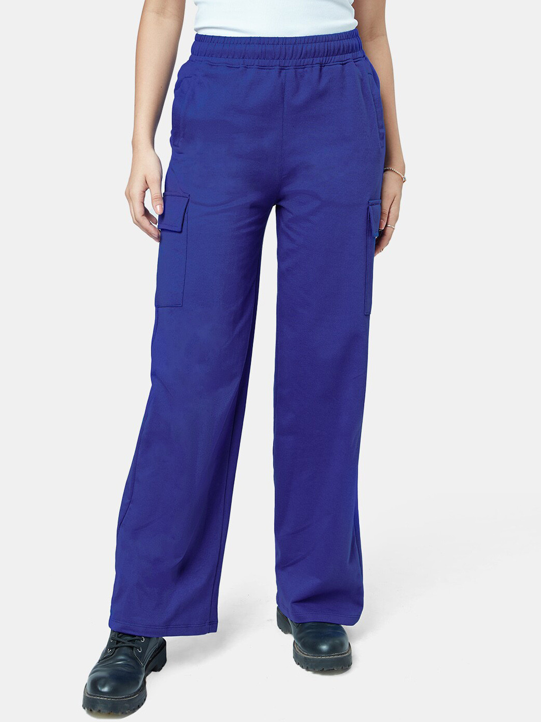 

The Souled Store Women Straight Fit Cotton Trousers, Blue